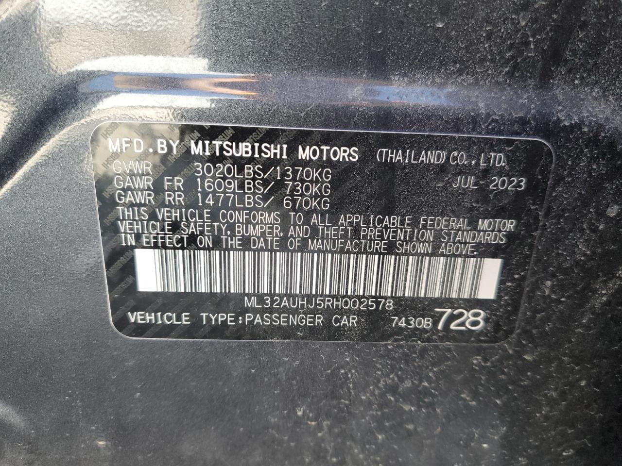 2024 MITSUBISHI MIRAGE ES VIN:ML32AUHJ5RH002578