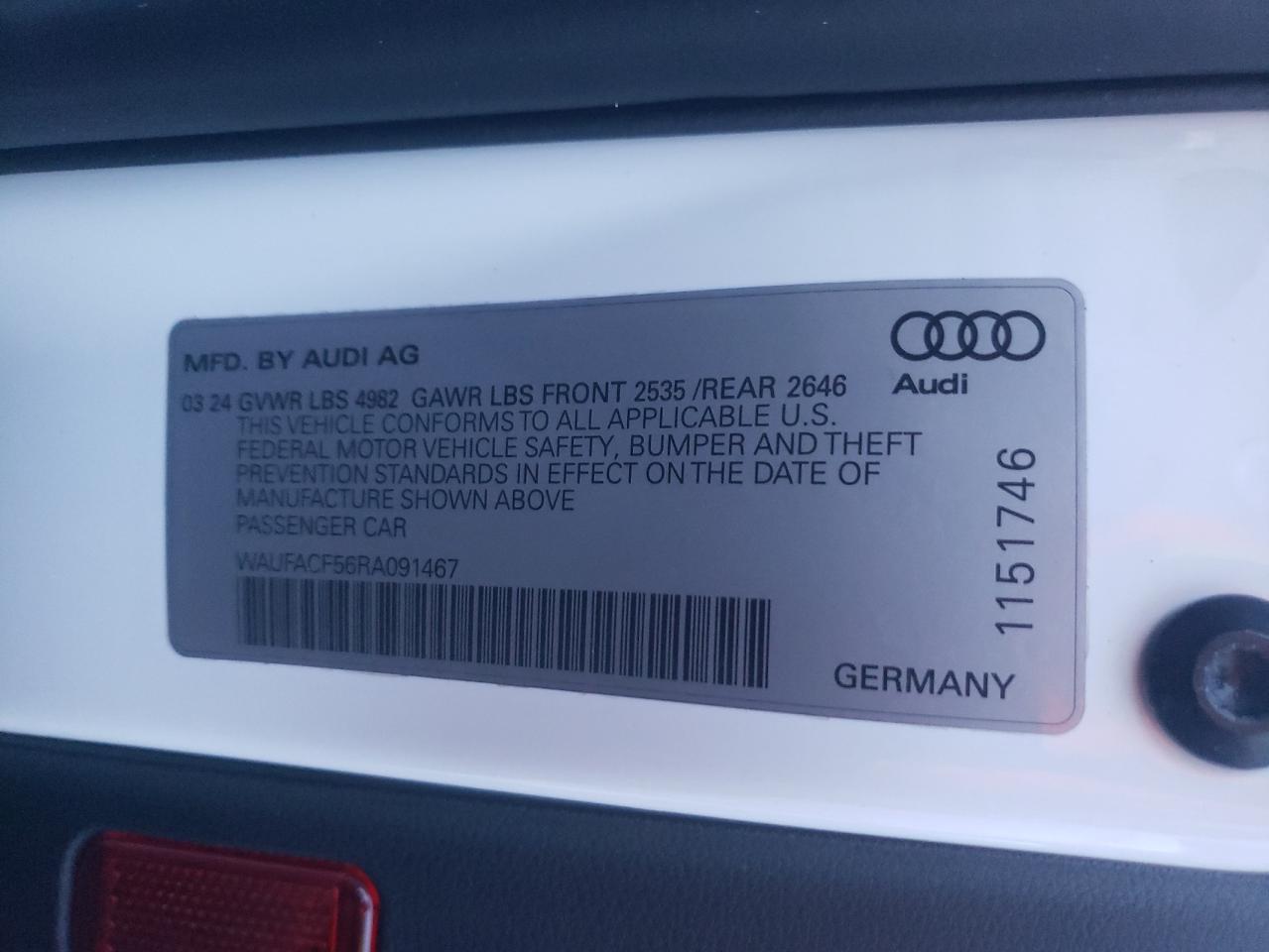 2024 AUDI A5 PREMIUM PLUS 45 VIN:WAUFACF56RA091467