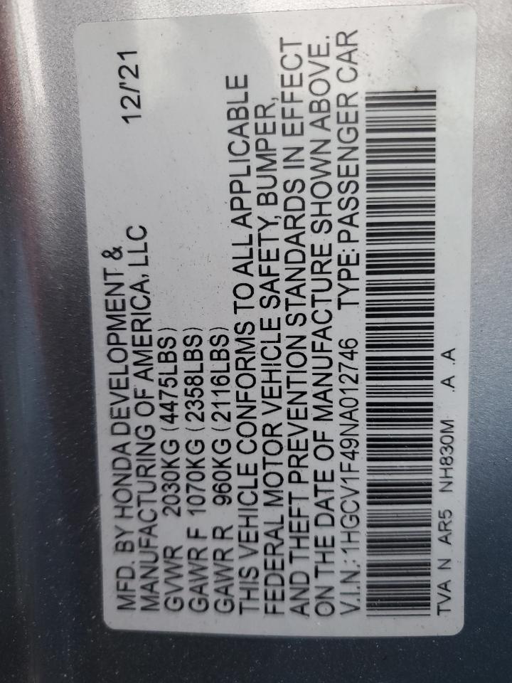 2022 HONDA ACCORD SPORT SE VIN:1HGCV1F49NA012746
