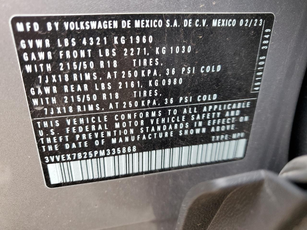 2023 VOLKSWAGEN TAOS SE VIN:3VVEX7B25PM335868