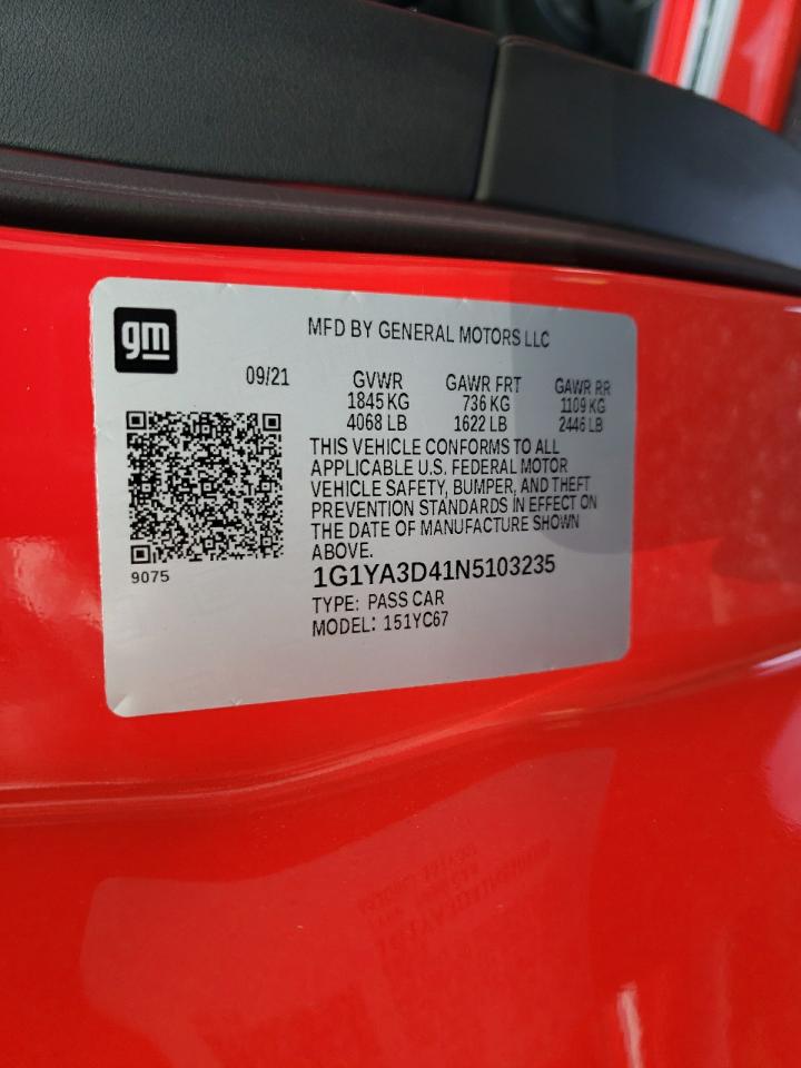 2022 CHEVROLET CORVETTE STINGRAY 1LT VIN:1G1YA3D41N5103235