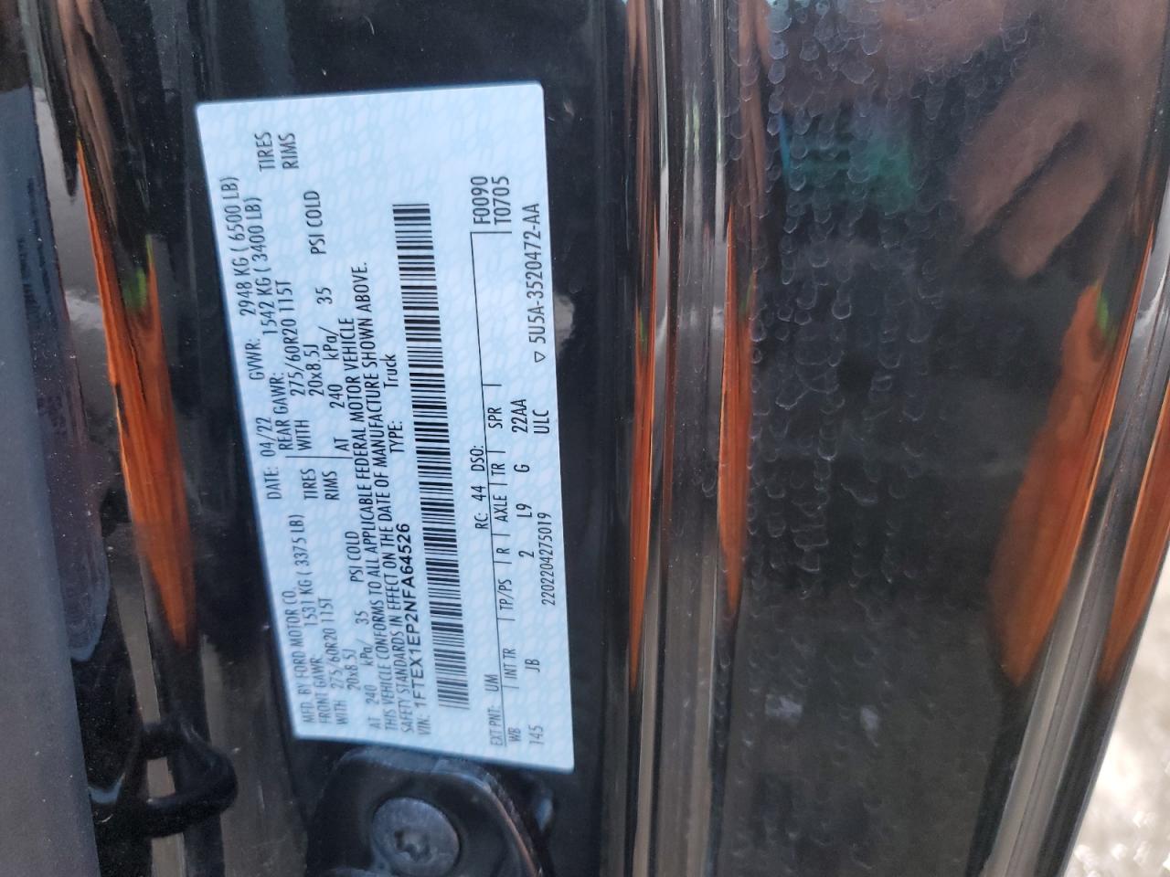 2022 FORD F150 SUPER CAB VIN:1FTEX1EP2NFA64526