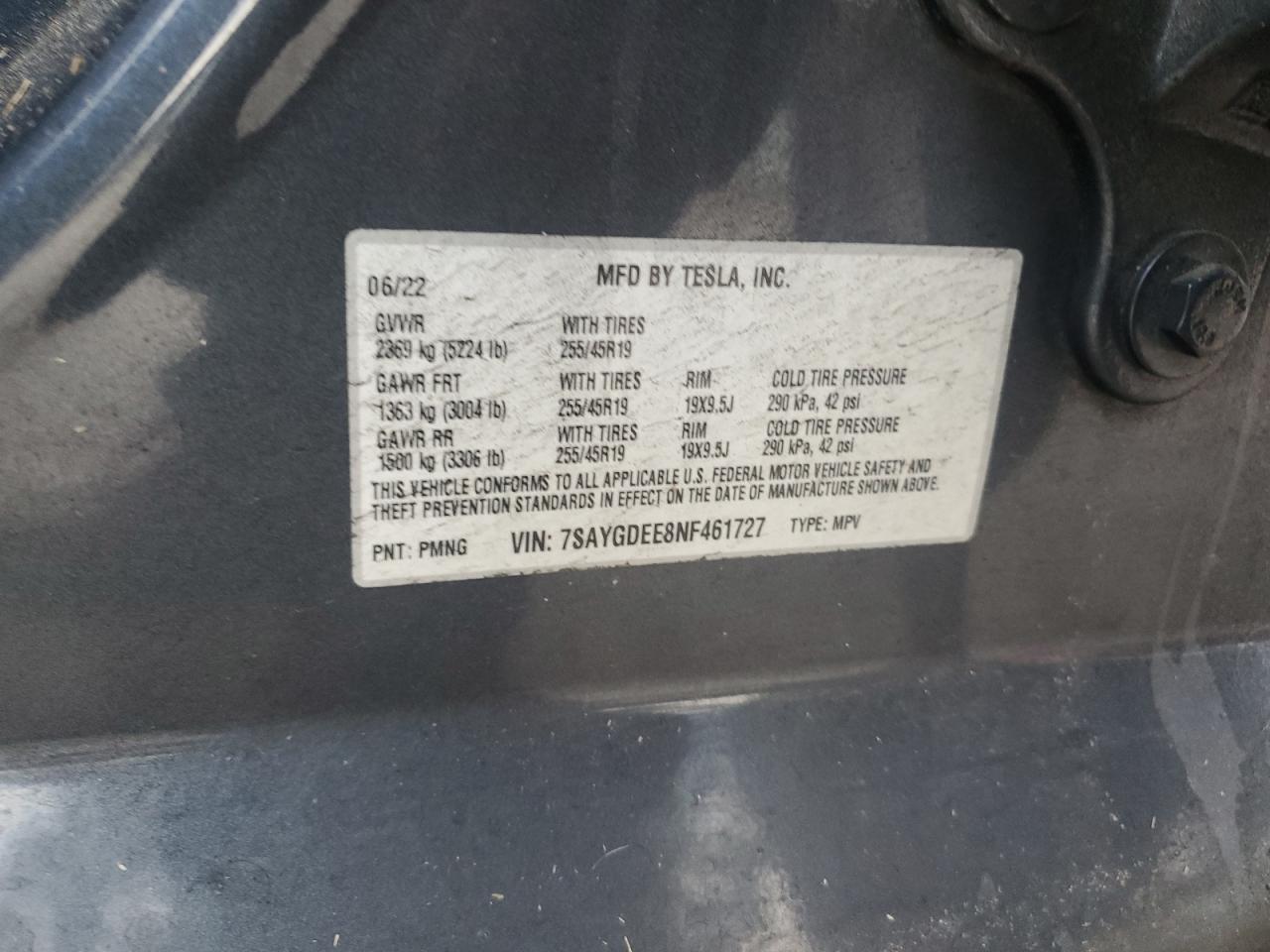 2022 TESLA MODEL Y  VIN:7SAYGDEE8NF461727