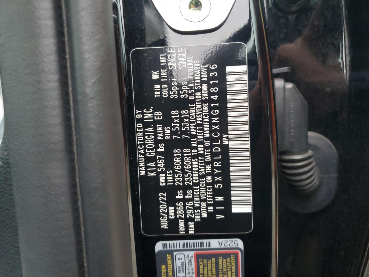 2022 KIA SORENTO S VIN:5XYRLDLCXNG148136