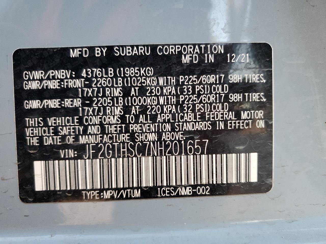 2022 SUBARU CROSSTREK SPORT VIN:JF2GTHSC7NH201657