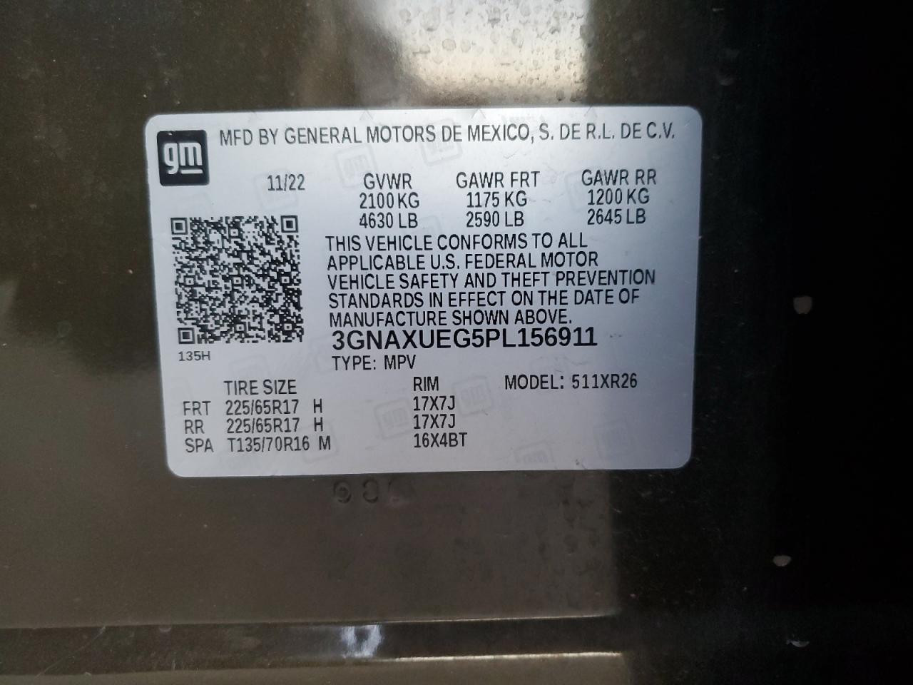 2023 CHEVROLET EQUINOX LT VIN:3GNAXUEG5PL156911