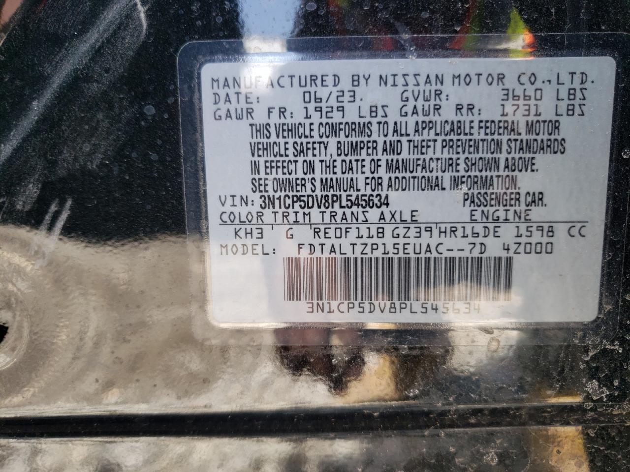 2023 NISSAN KICKS SR VIN:3N1CP5DV8PL545634
