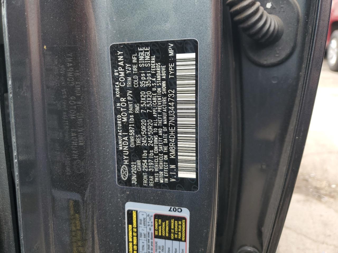 2022 HYUNDAI PALISADE SEL VIN:KM8R4DHE7NU344732