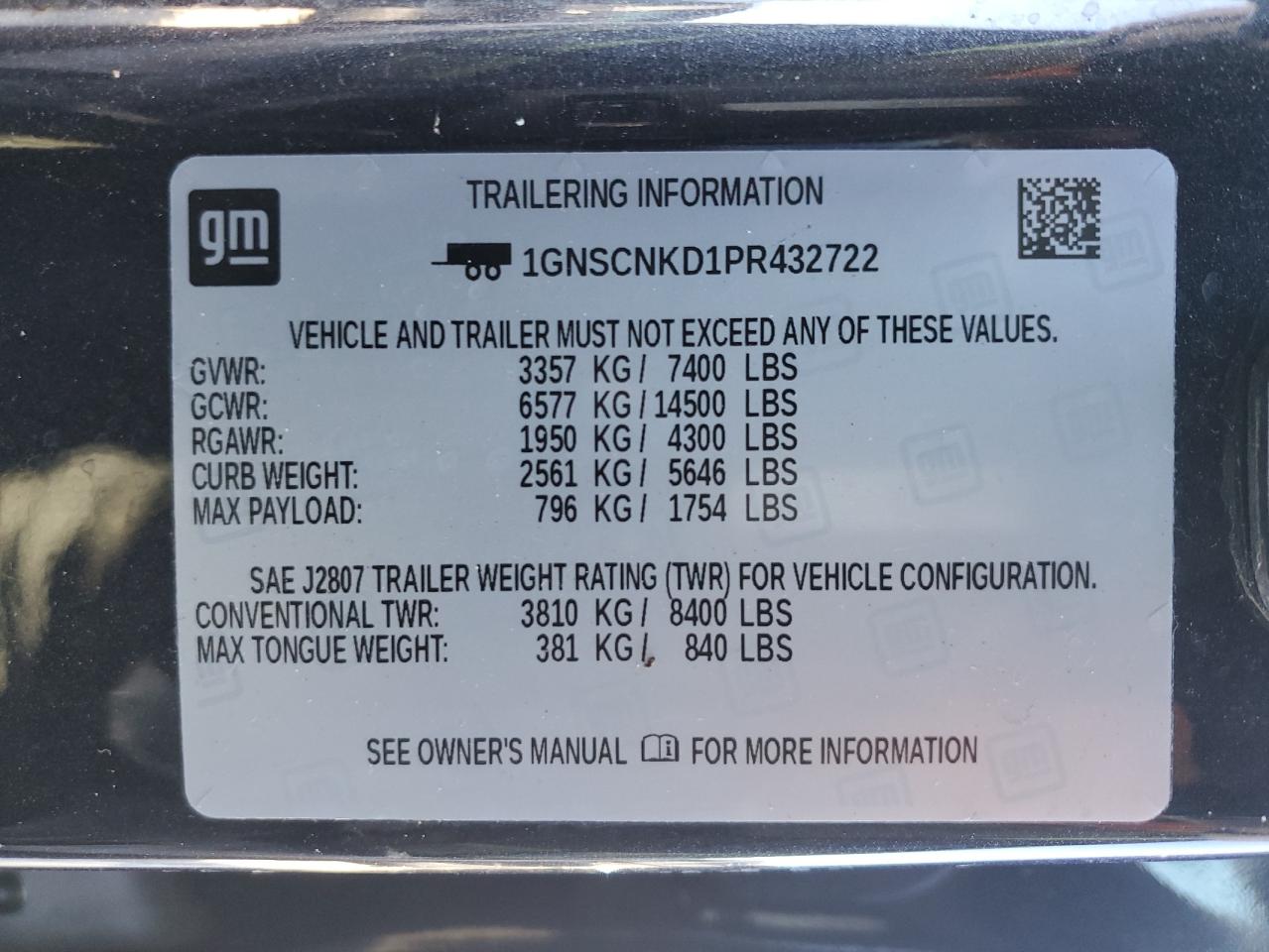 2023 CHEVROLET TAHOE C1500 LT VIN:1GNSCNKD1PR432722