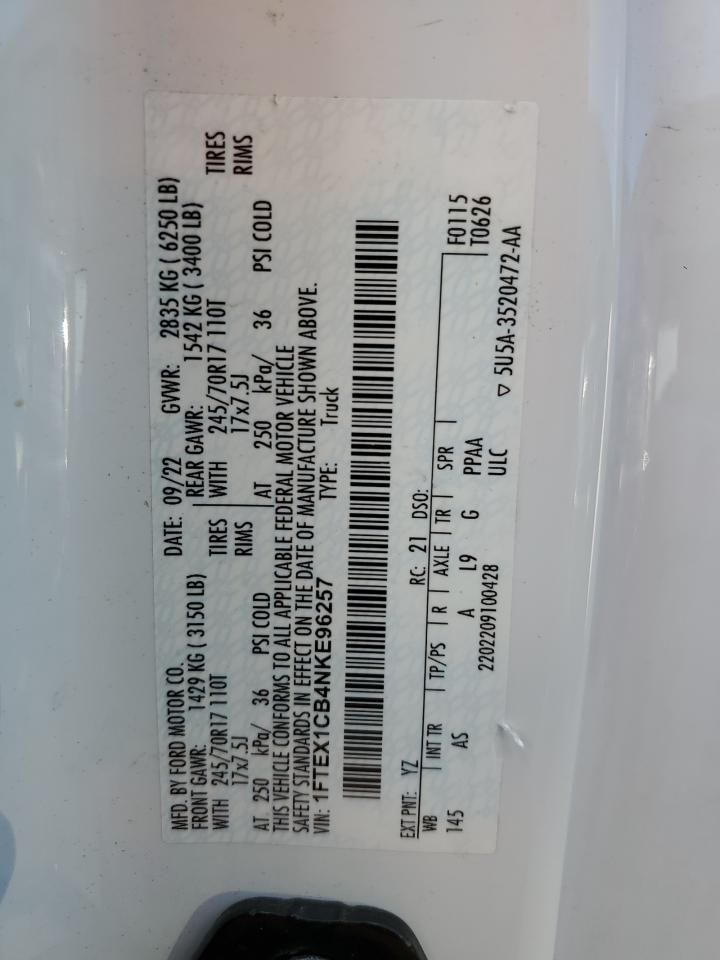 2022 FORD F150 SUPER CAB VIN:1FTEX1CB4NKE96257