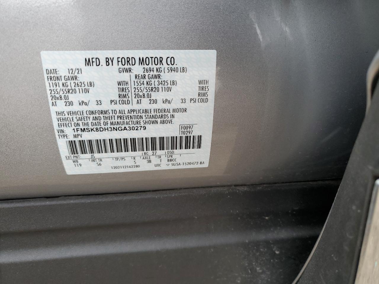 2022 FORD EXPLORER XLT VIN:1FMSK8DH3NGA30279