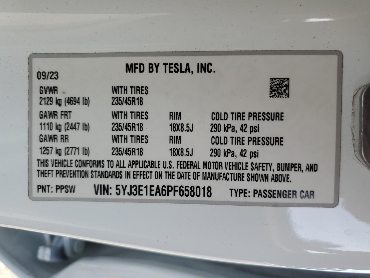 2023 TESLA MODEL 3  VIN:5YJ3E1EA6PF658018