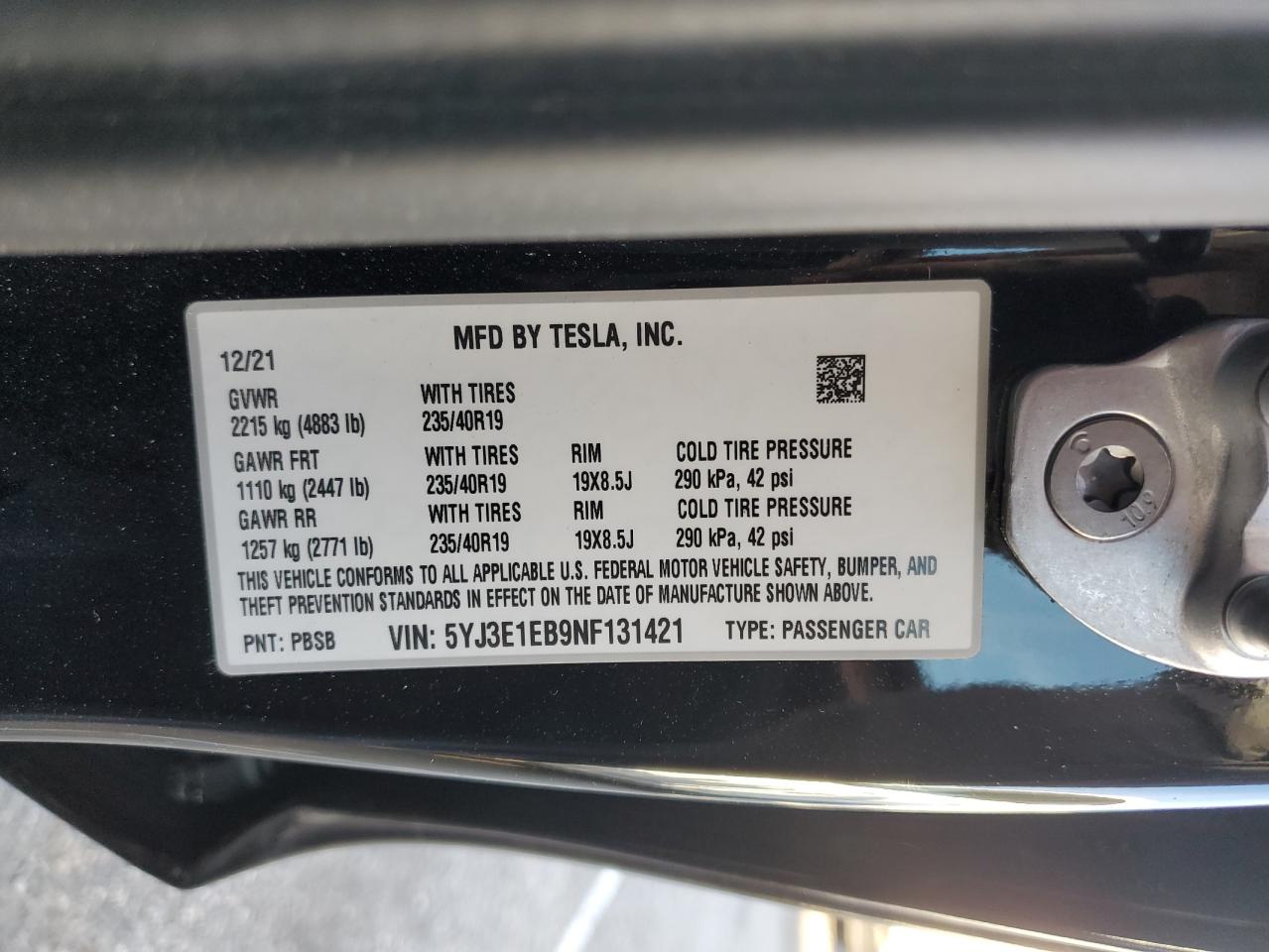2022 TESLA MODEL 3  VIN:5YJ3E1EB9NF131421