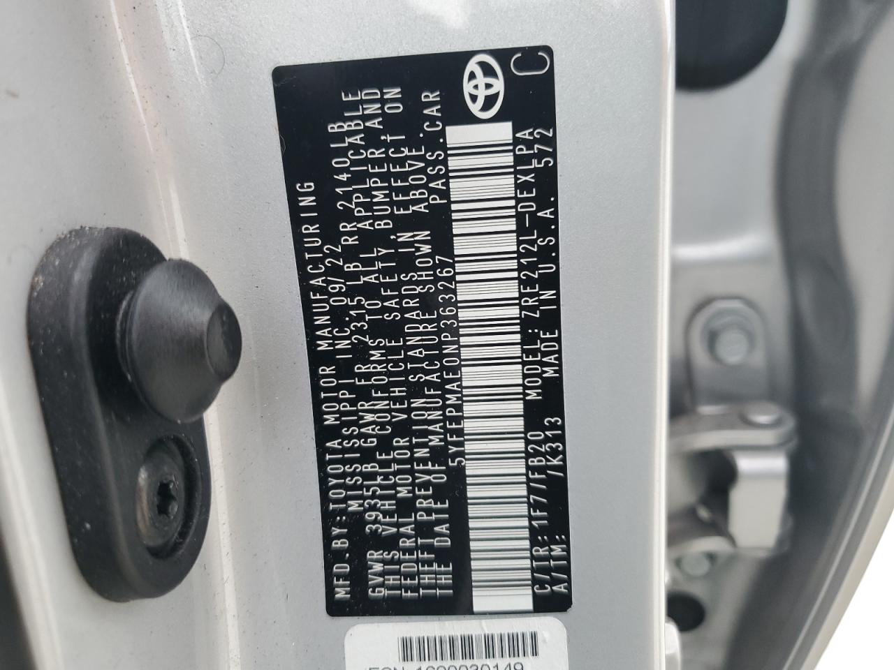 2022 TOYOTA COROLLA LE VIN:5YFEPMAE0NP363267