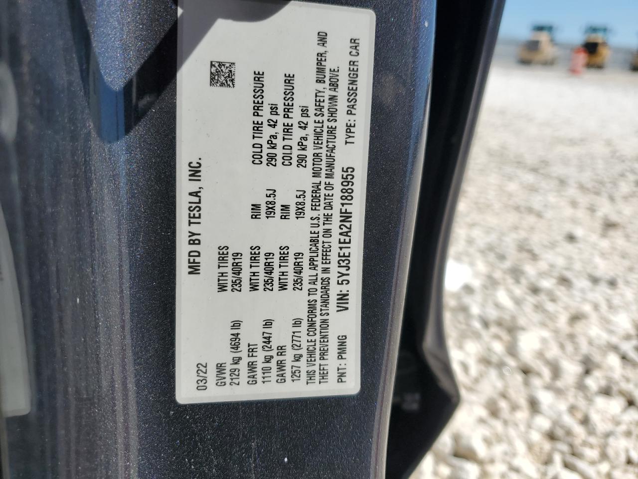 2022 TESLA MODEL 3  VIN:5YJ3E1EA2NF188955