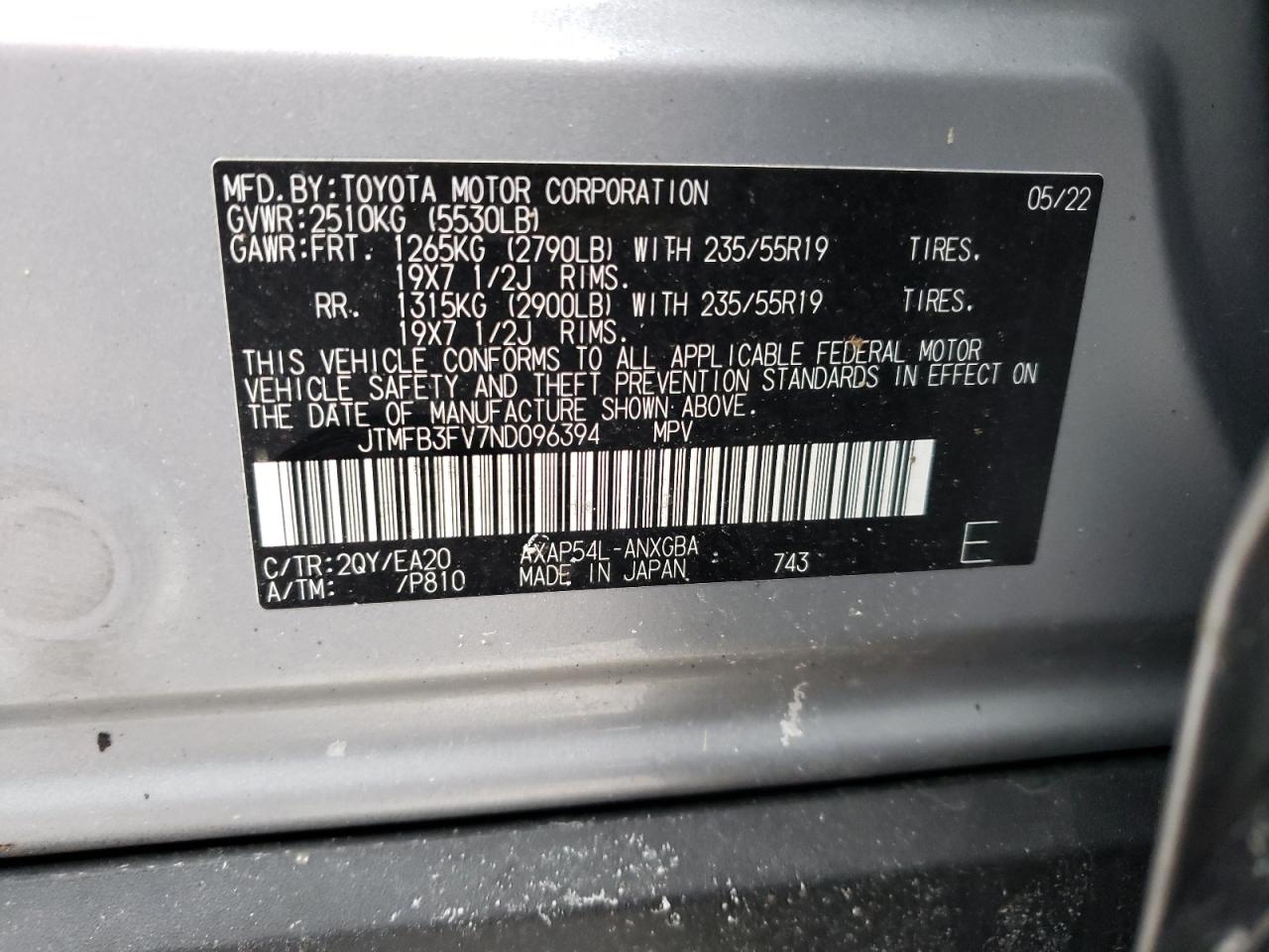 2022 TOYOTA RAV4 PRIME XSE VIN:JTMFB3FV7ND096394