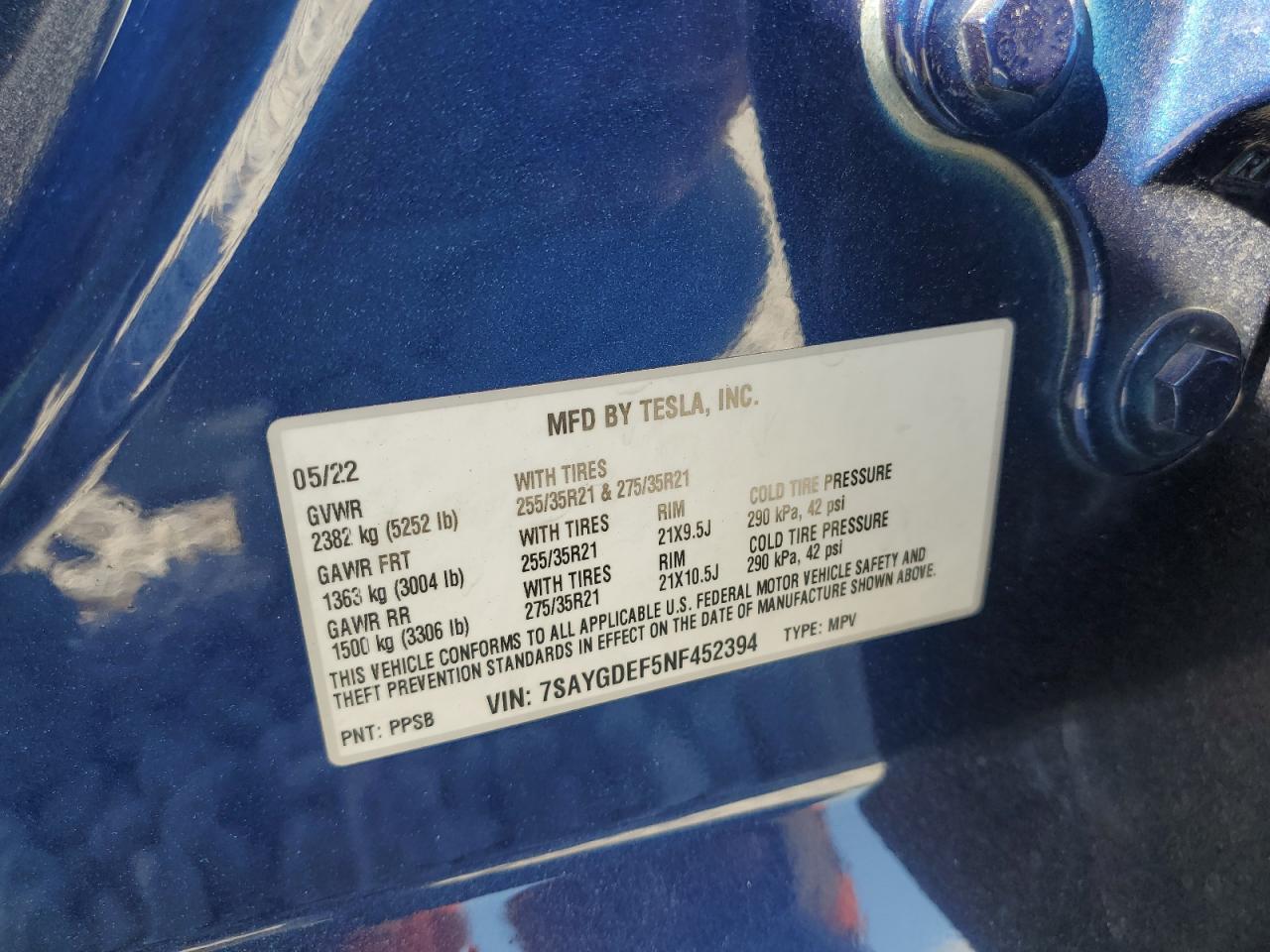 2022 TESLA MODEL Y  VIN:7SAYGDEF5NF452394