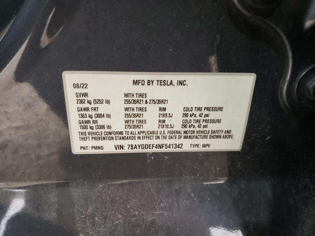 2022 TESLA MODEL Y  VIN:7SAYGDEF4NF541342