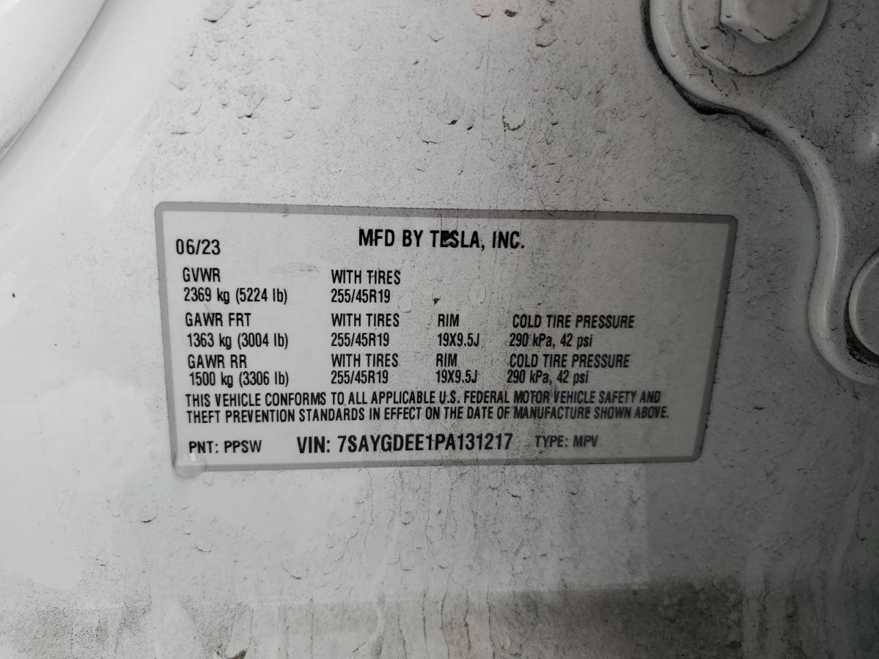 2023 TESLA MODEL Y  VIN:7SAYGDEE1PA131217