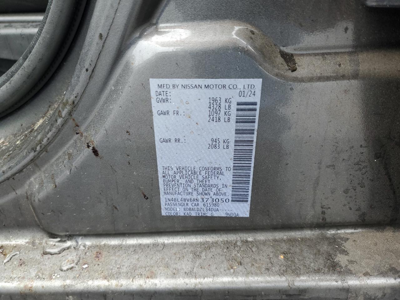 2024 NISSAN ALTIMA S VIN:1N4BL4BV6RN373050
