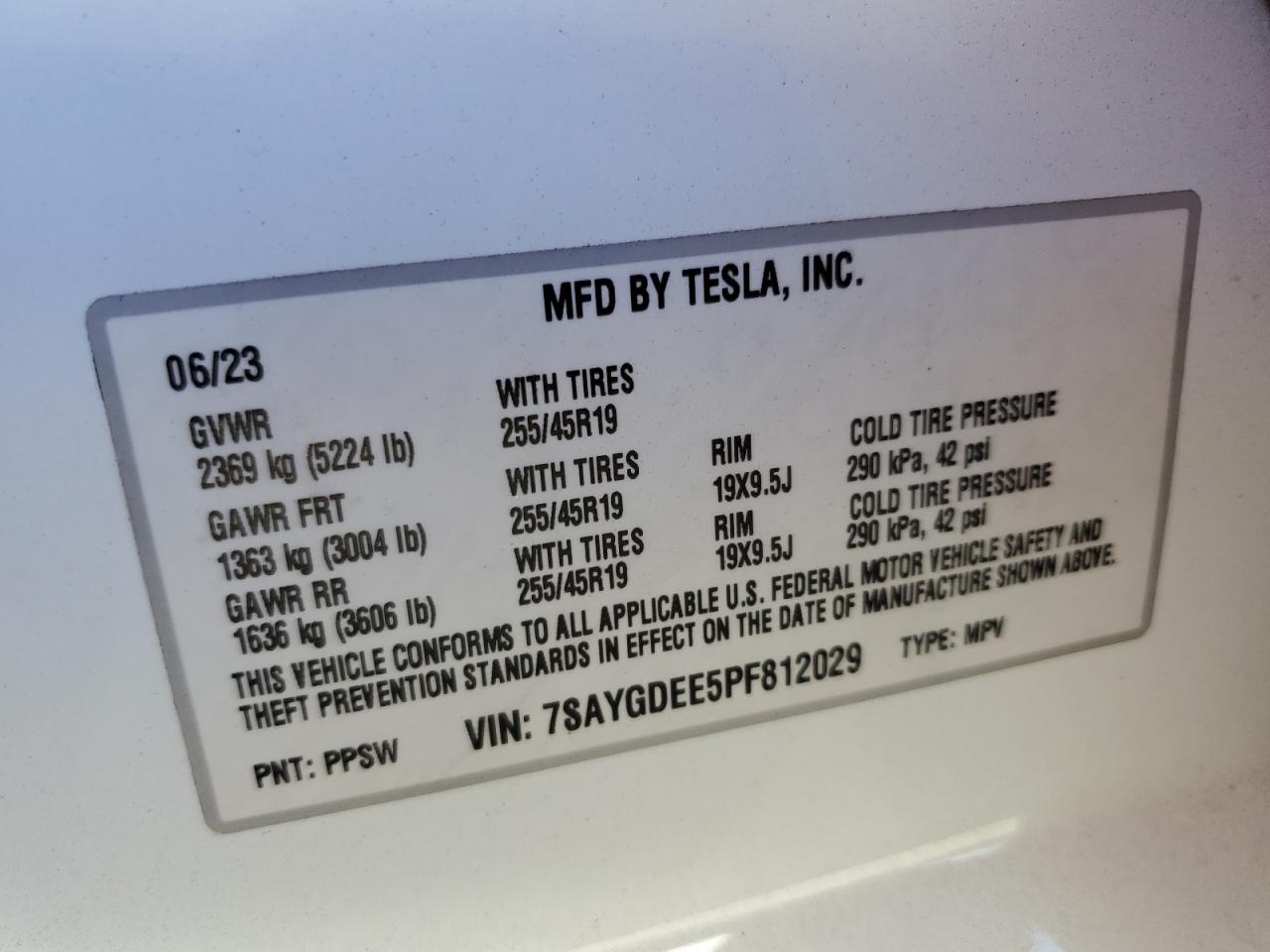 2023 TESLA MODEL Y  VIN:7SAYGDEE5PF812029
