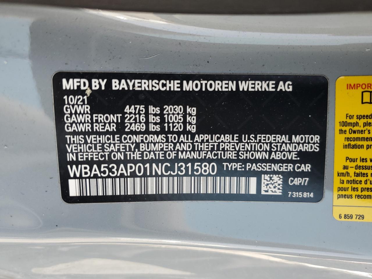 2022 BMW 430I  VIN:WBA53AP01NCJ31580