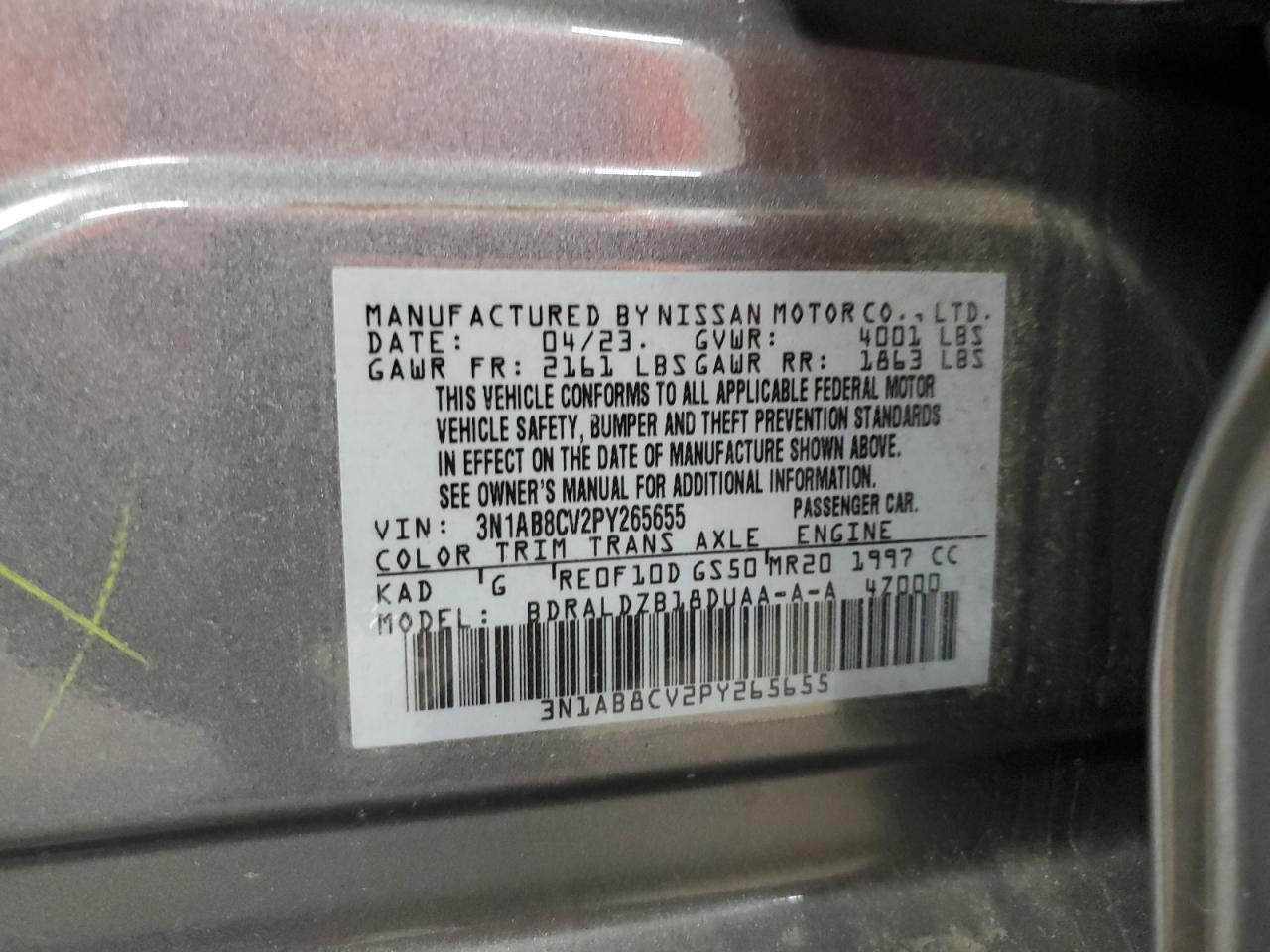 2023 NISSAN SENTRA SV VIN:3N1AB8CV2PY265655