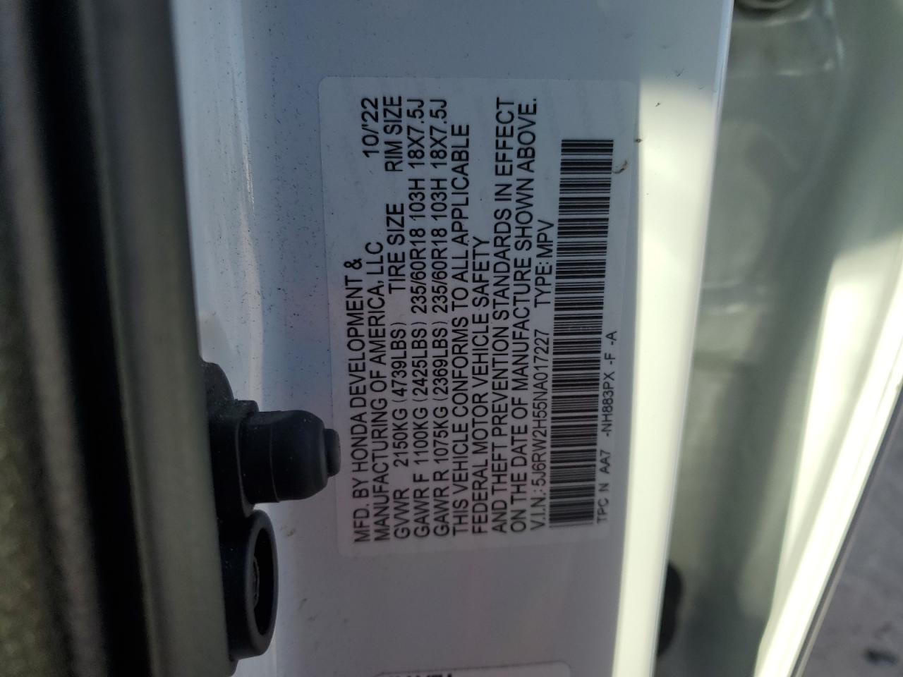 2022 HONDA CR-V EX VIN:5J6RW2H55NA017227