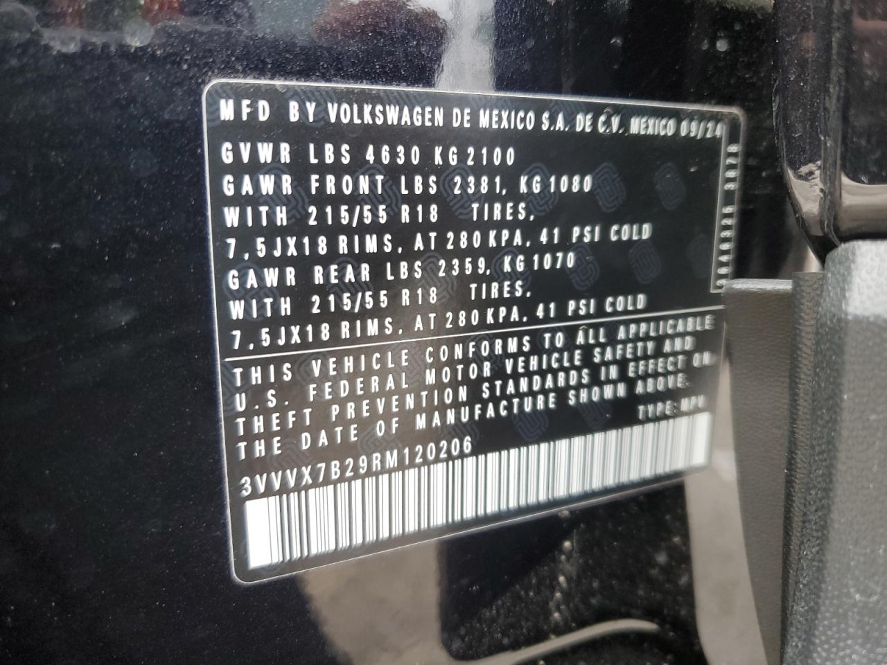 2024 VOLKSWAGEN TAOS SE VIN:3VVVX7B29RM120206