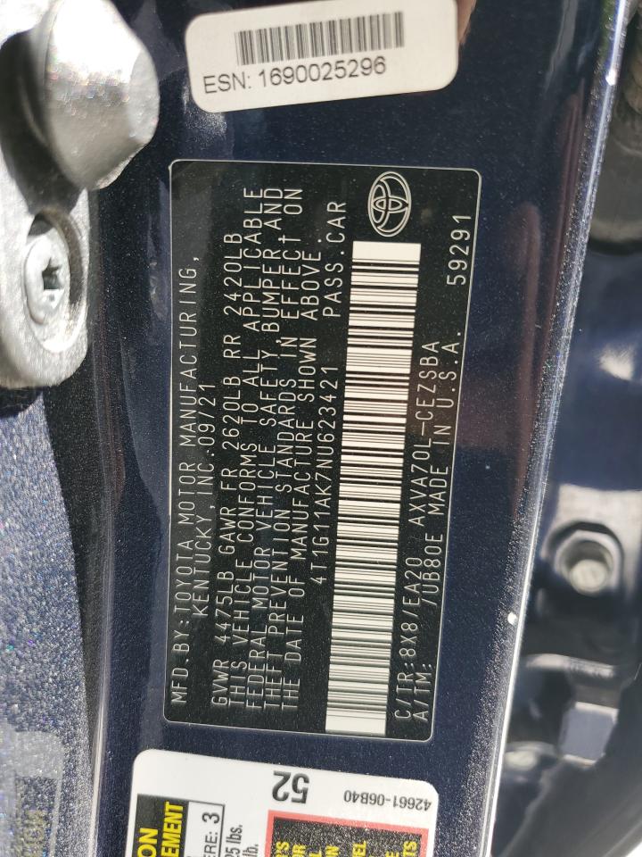 2022 TOYOTA CAMRY SE VIN:4T1G11AK7NU623421