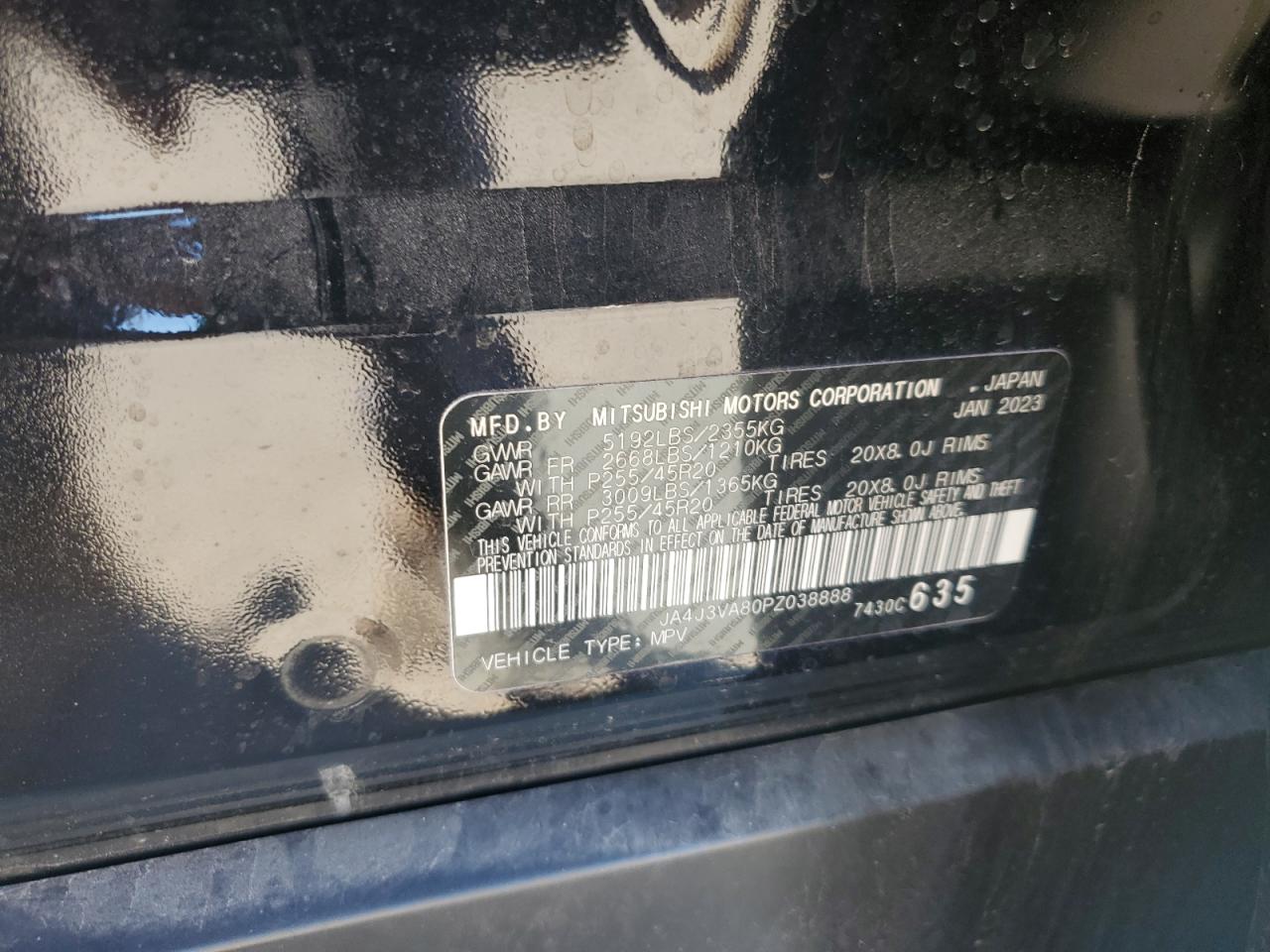 2023 MITSUBISHI OUTLANDER SEL VIN:JA4J3VA80PZ038888