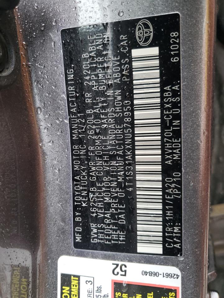 2022 TOYOTA CAMRY NIGHT SHADE VIN:3VW7M7BU9NM023810