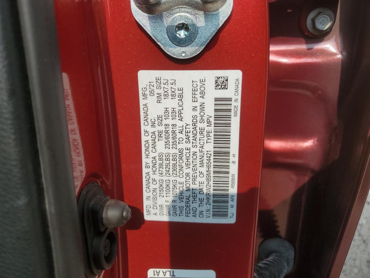 2022 HONDA CR-V EXL VIN:2HKRW2H89MH654421
