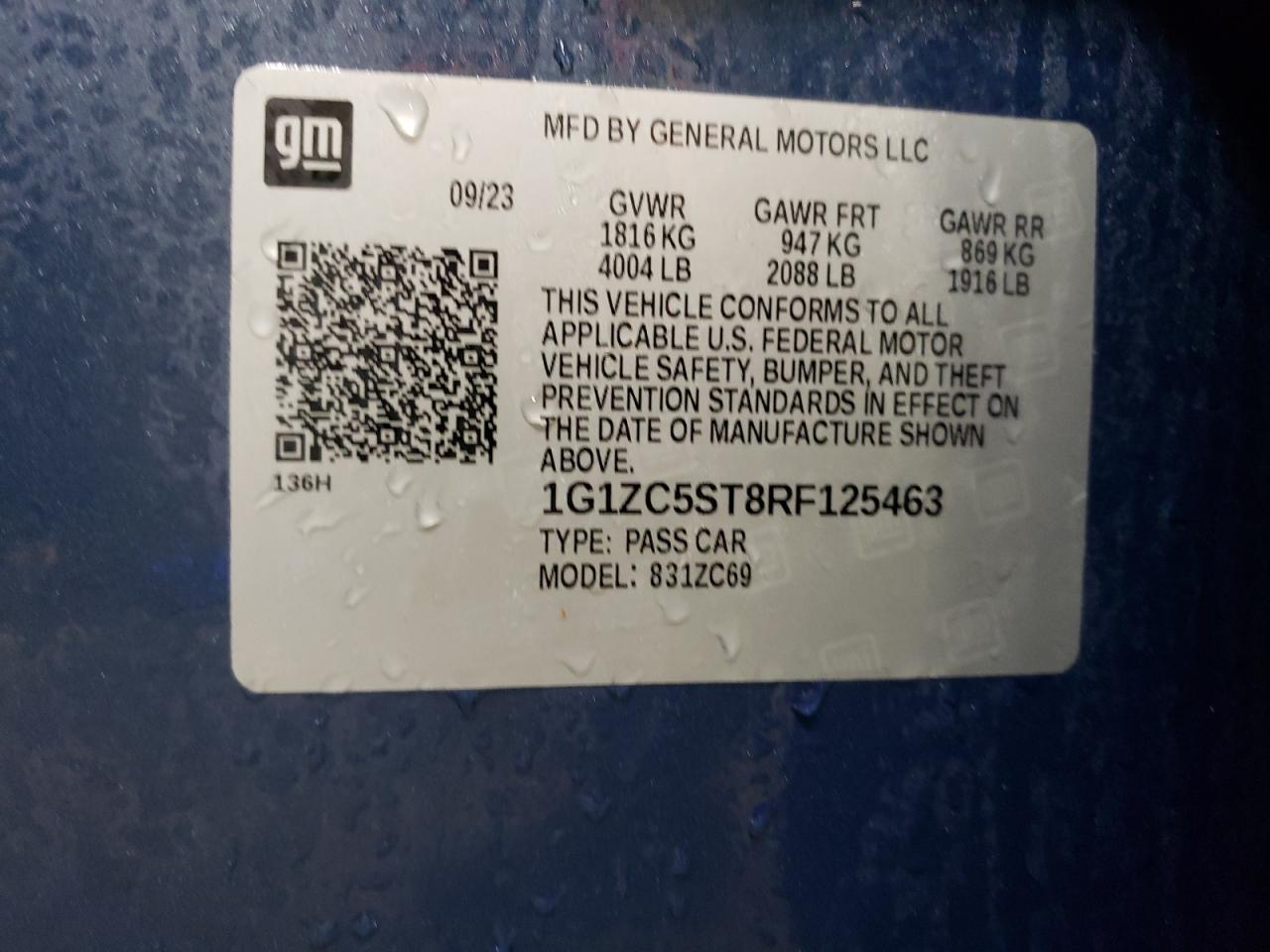 2024 CHEVROLET MALIBU LS VIN:1G1ZC5ST8RF125463