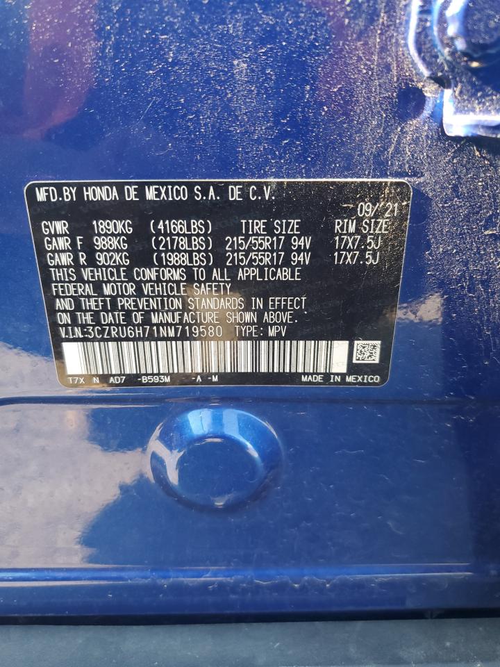 2022 HONDA HR-V EXL VIN:3CZRU6H71NM719580