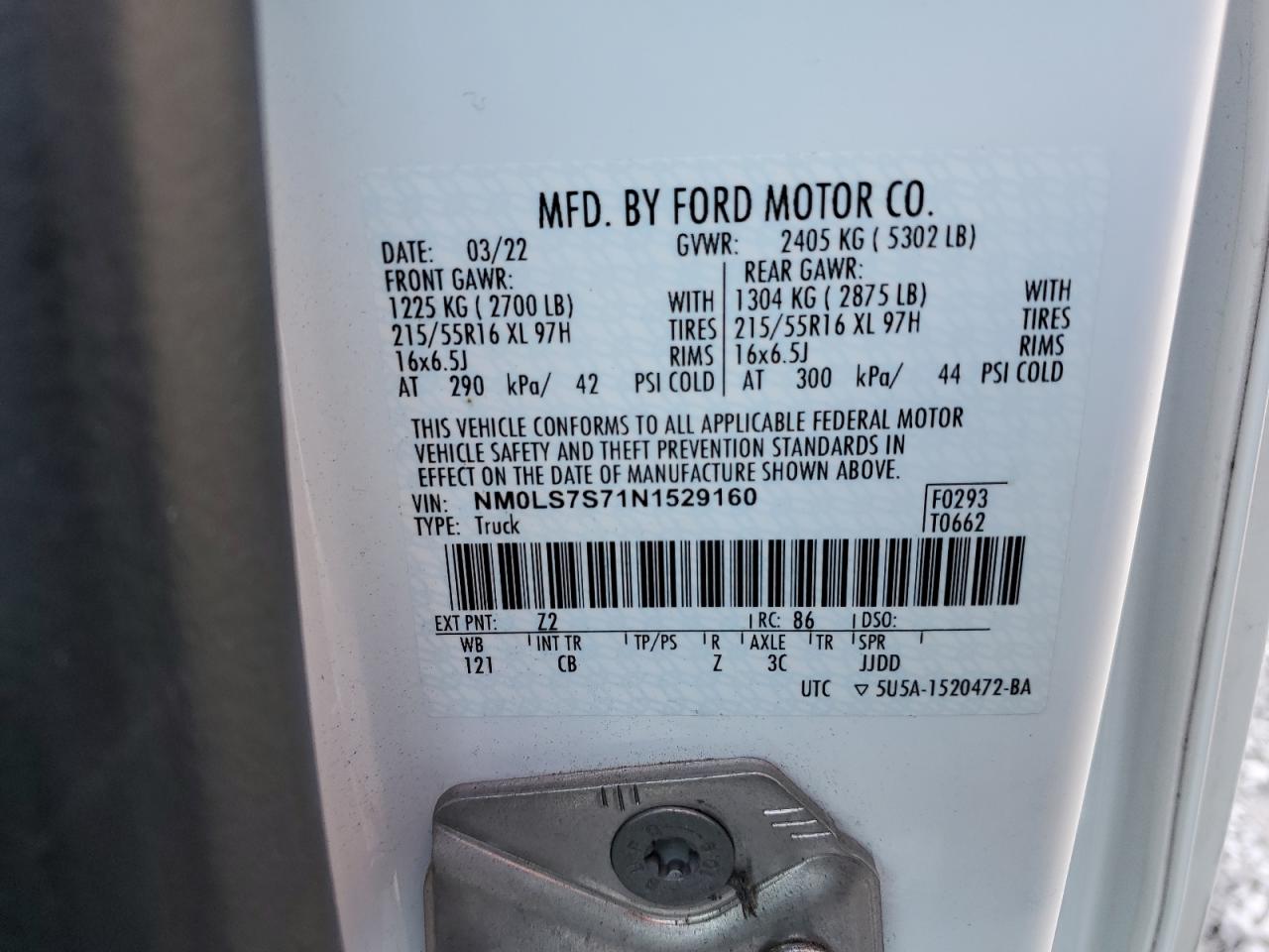 2022 FORD TRANSIT CONNECT XL VIN:NM0LS7S71N1529160