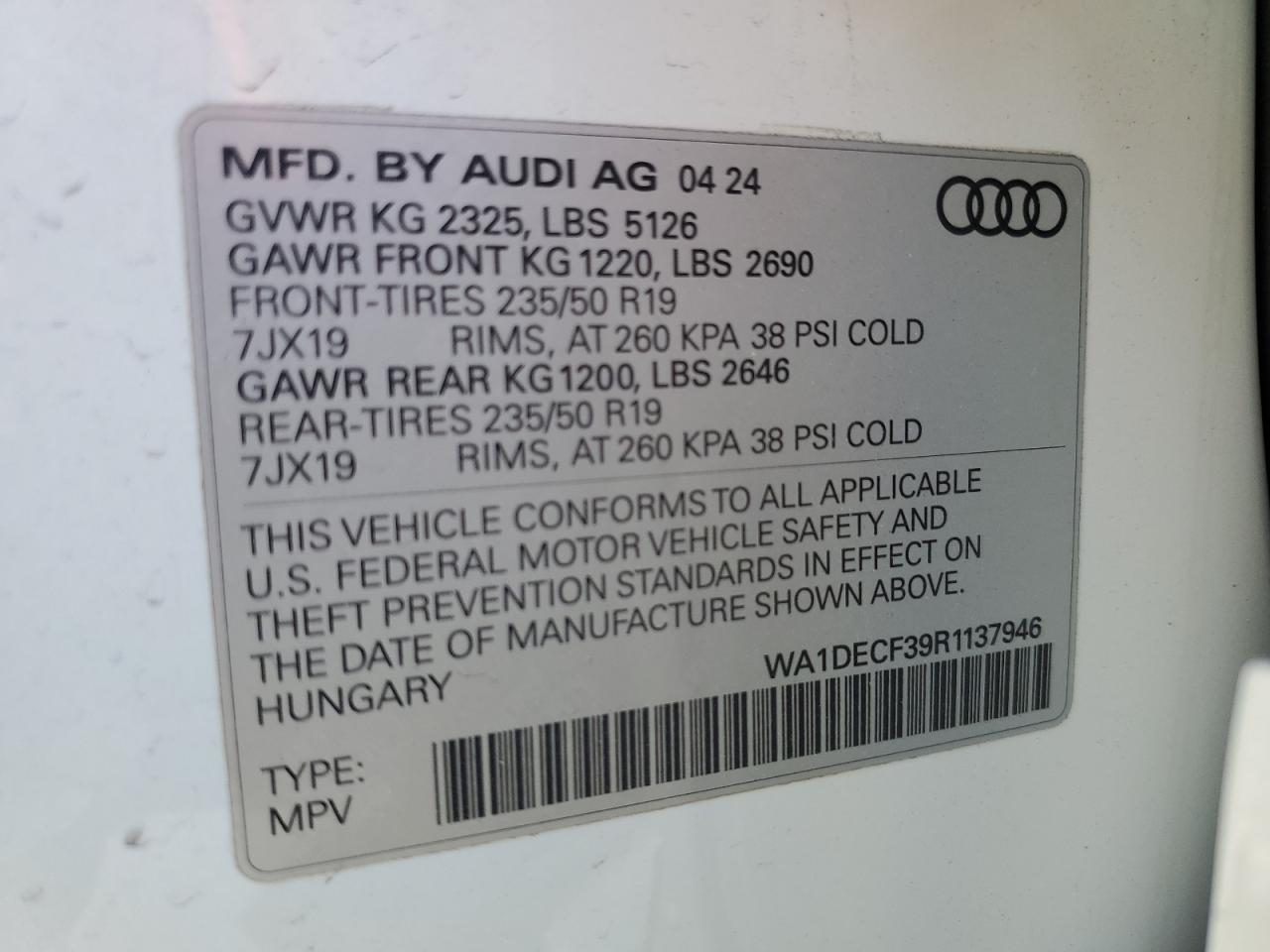 2024 AUDI Q3 PREMIUM S LINE 45 VIN:WA1DECF39R1137946