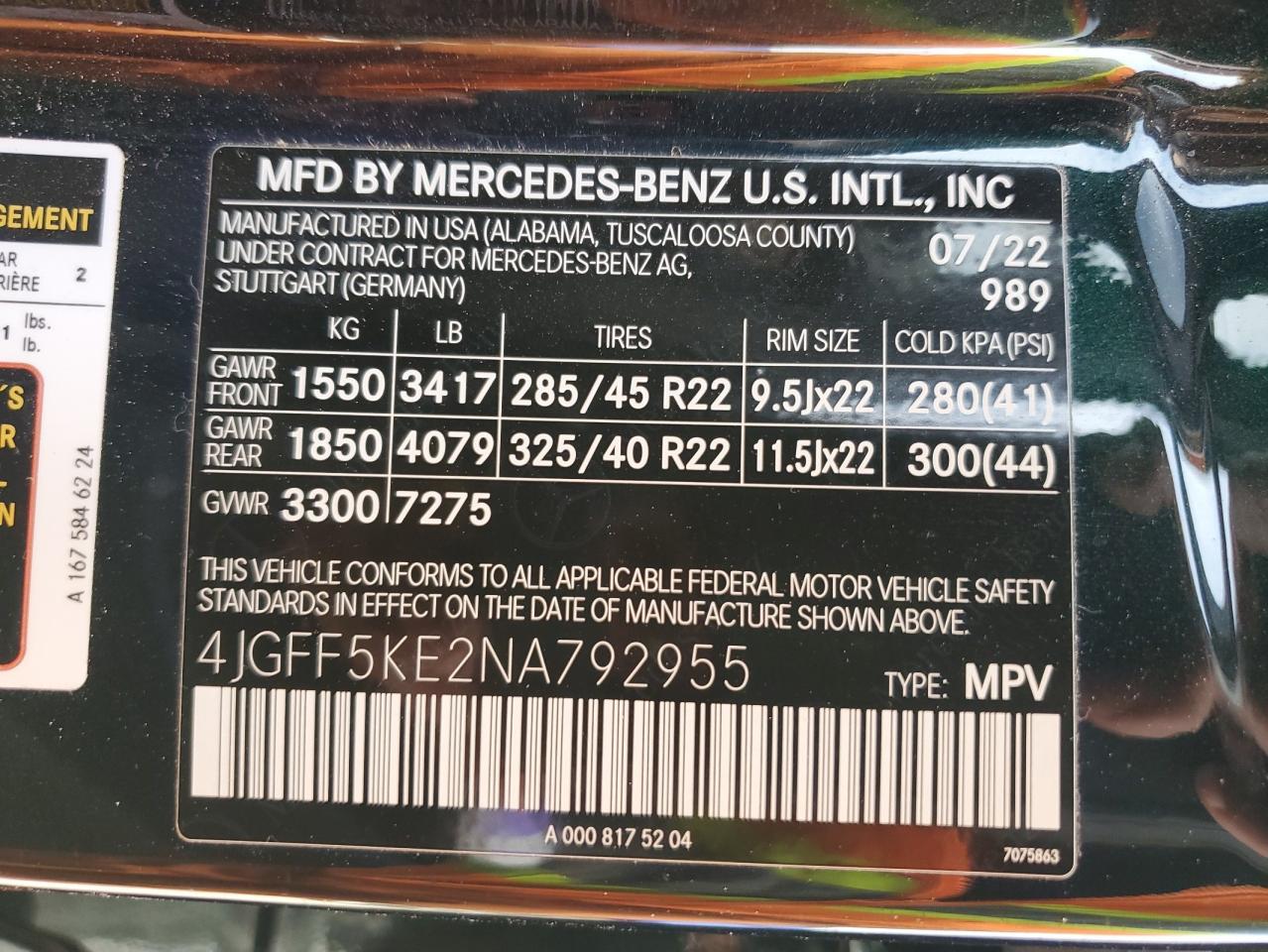 2022 MERCEDES-BENZ GLS 450 4MATIC VIN:4JGFF5KE2NA792955