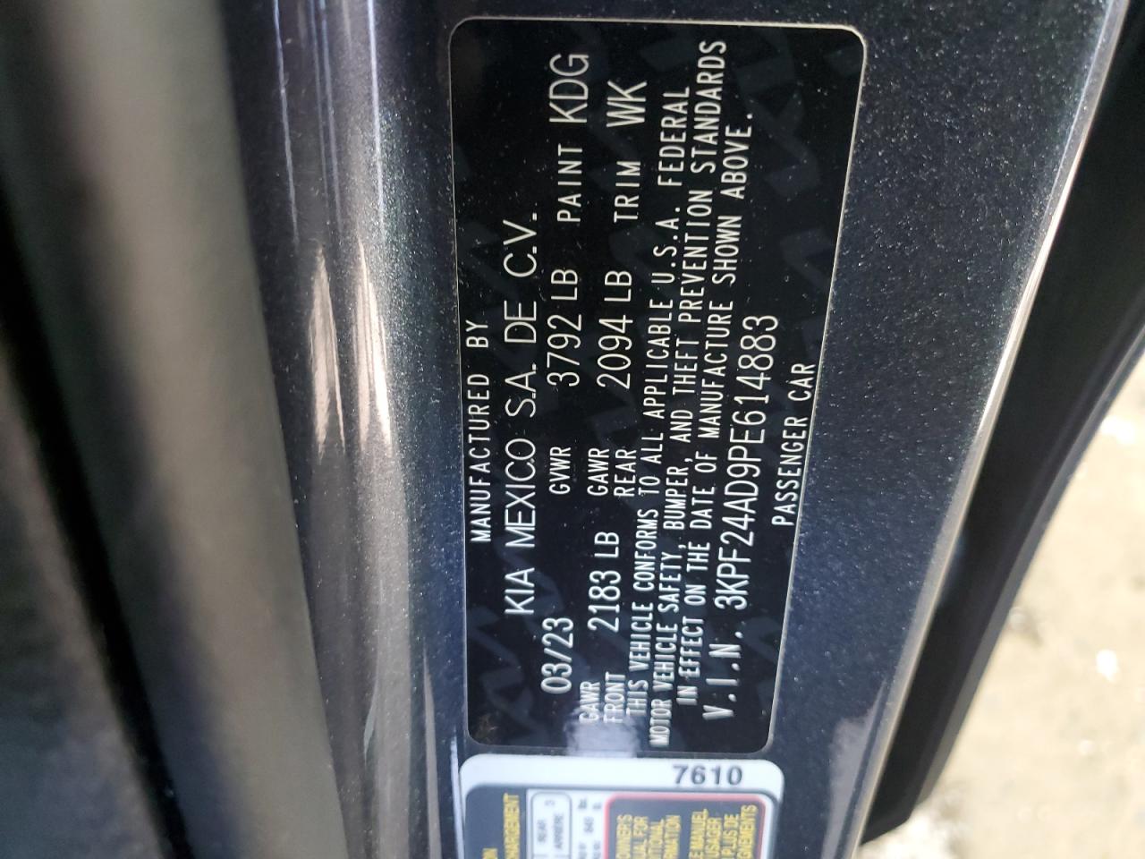 2023 KIA FORTE LX VIN:3KPF24AD9PE614883