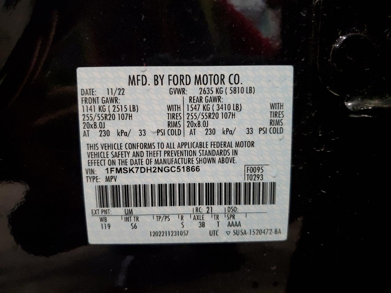 2022 FORD EXPLORER XLT VIN:1FMSK7DH2NGC51866