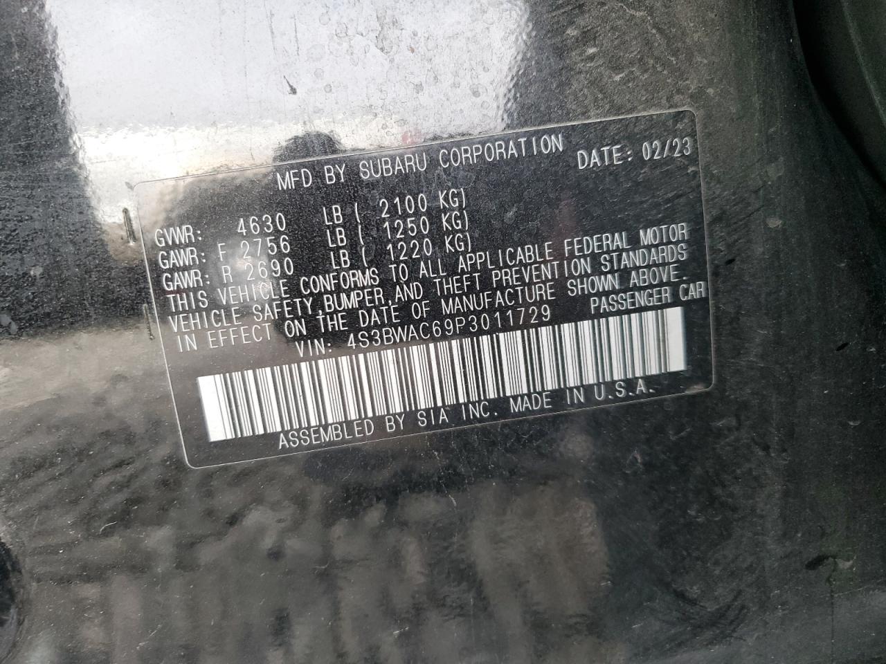 2023 SUBARU LEGACY PREMIUM VIN:4S3BWAC69P3011729