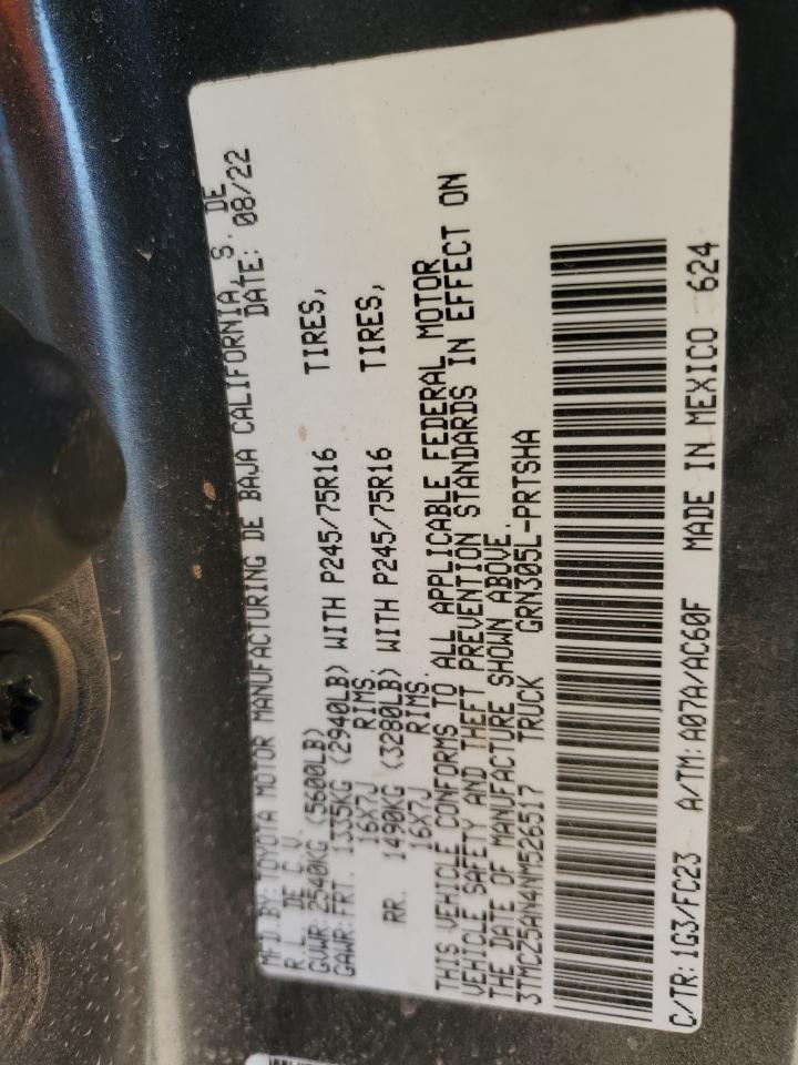 2022 TOYOTA TACOMA DOUBLE CAB VIN:3TMCZ5AN4NM526517