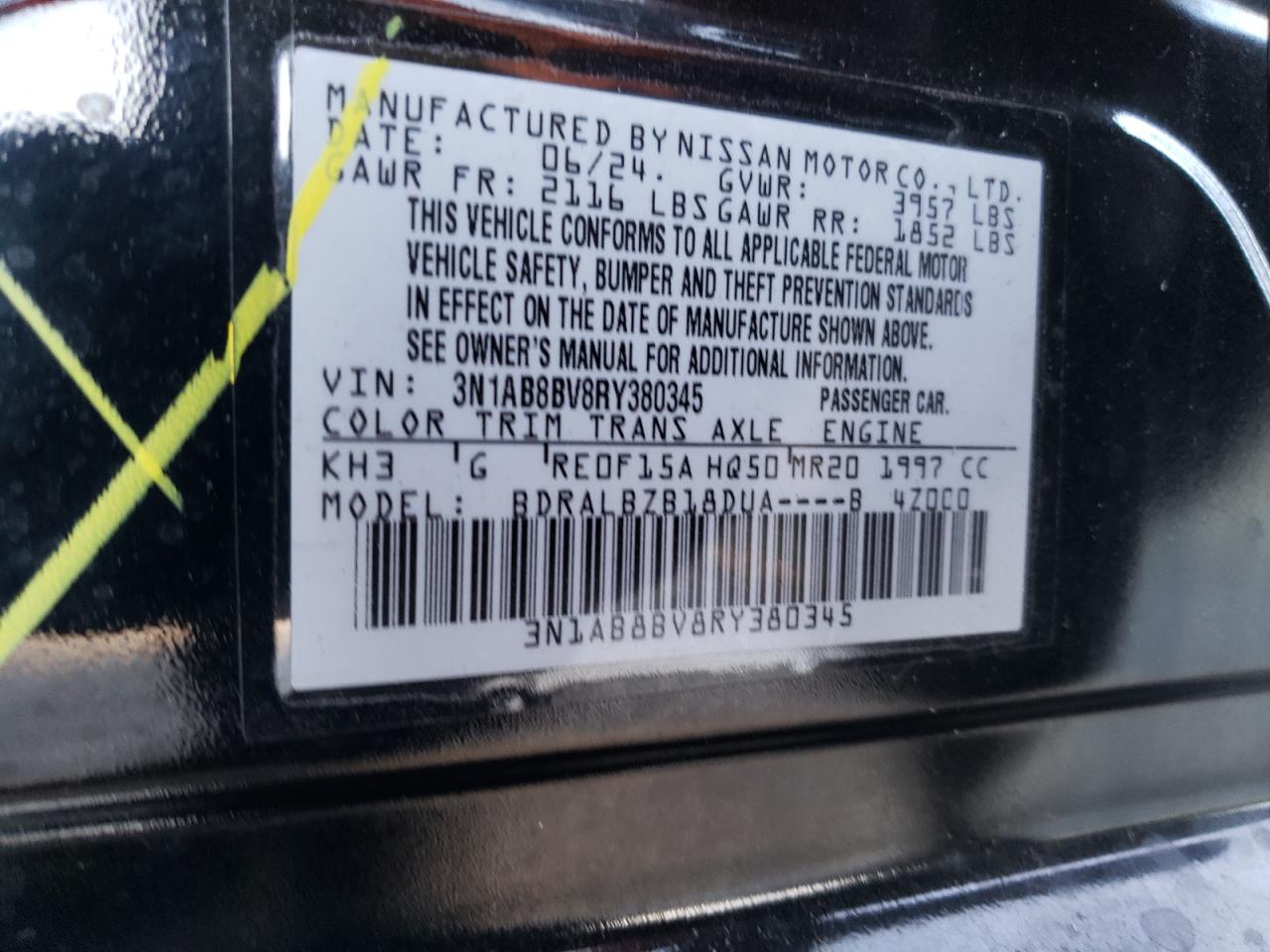 2024 NISSAN SENTRA S VIN:3N1AB8BV8RY380345