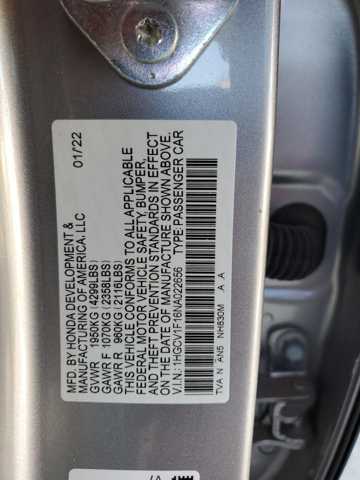 2022 HONDA ACCORD LX VIN:1HGCV1F16NA022656