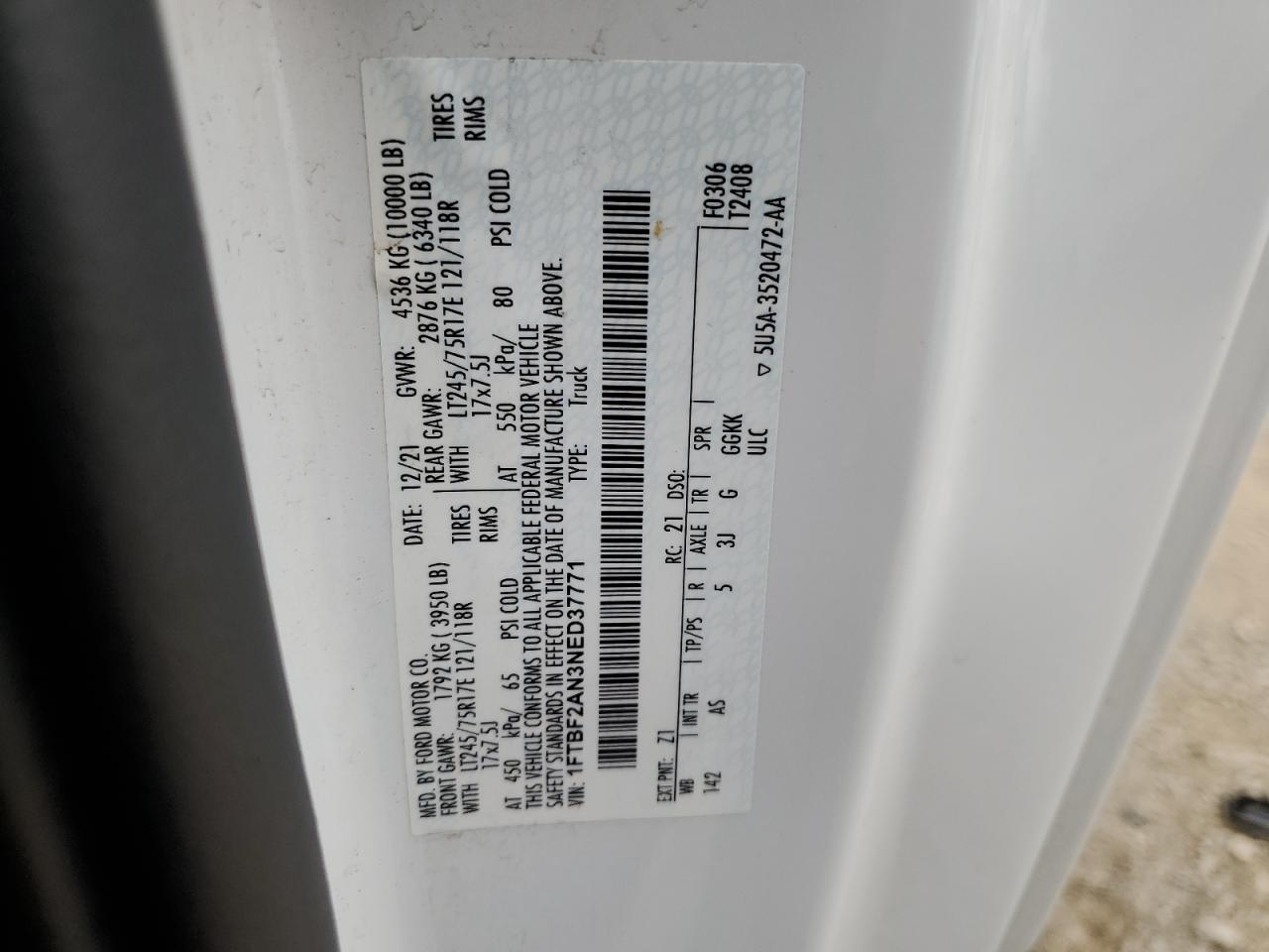 2022 FORD F250 SUPER DUTY VIN:1FTBF2AN3NED37771