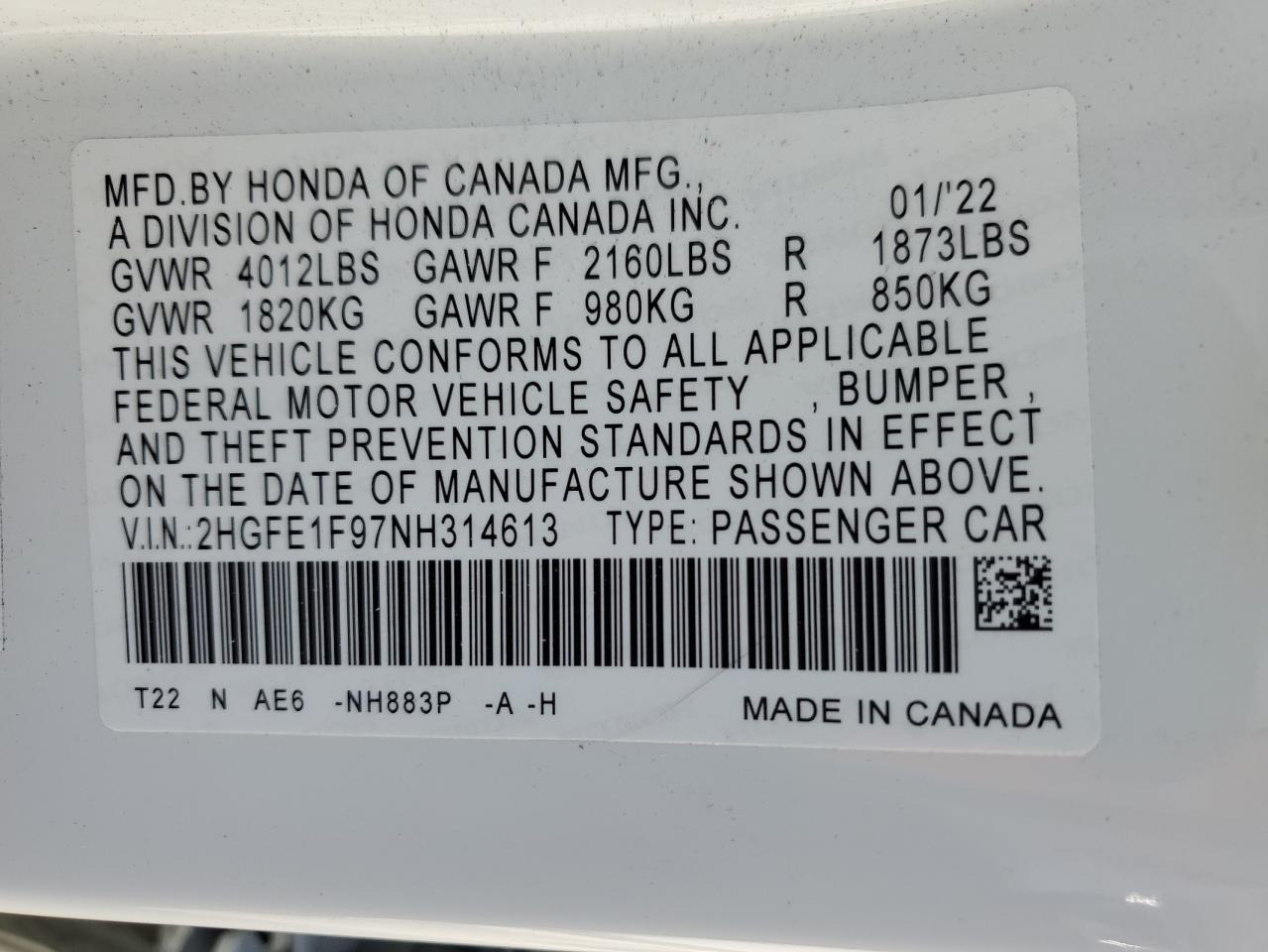 2022 HONDA CIVIC TOURING VIN:2HGFE1F97NH314613