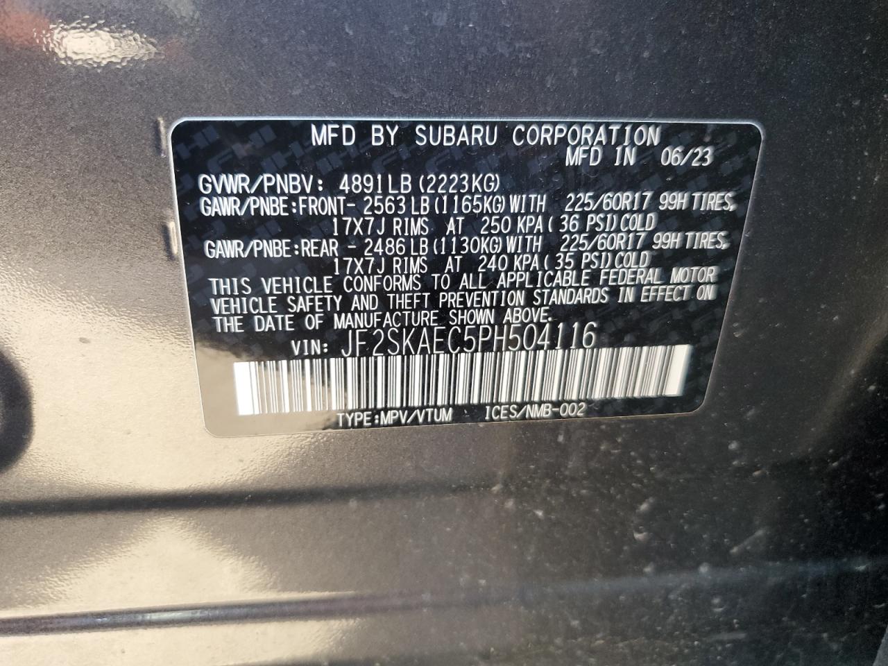 2023 SUBARU FORESTER PREMIUM VIN:JF2SKAEC5PH504116