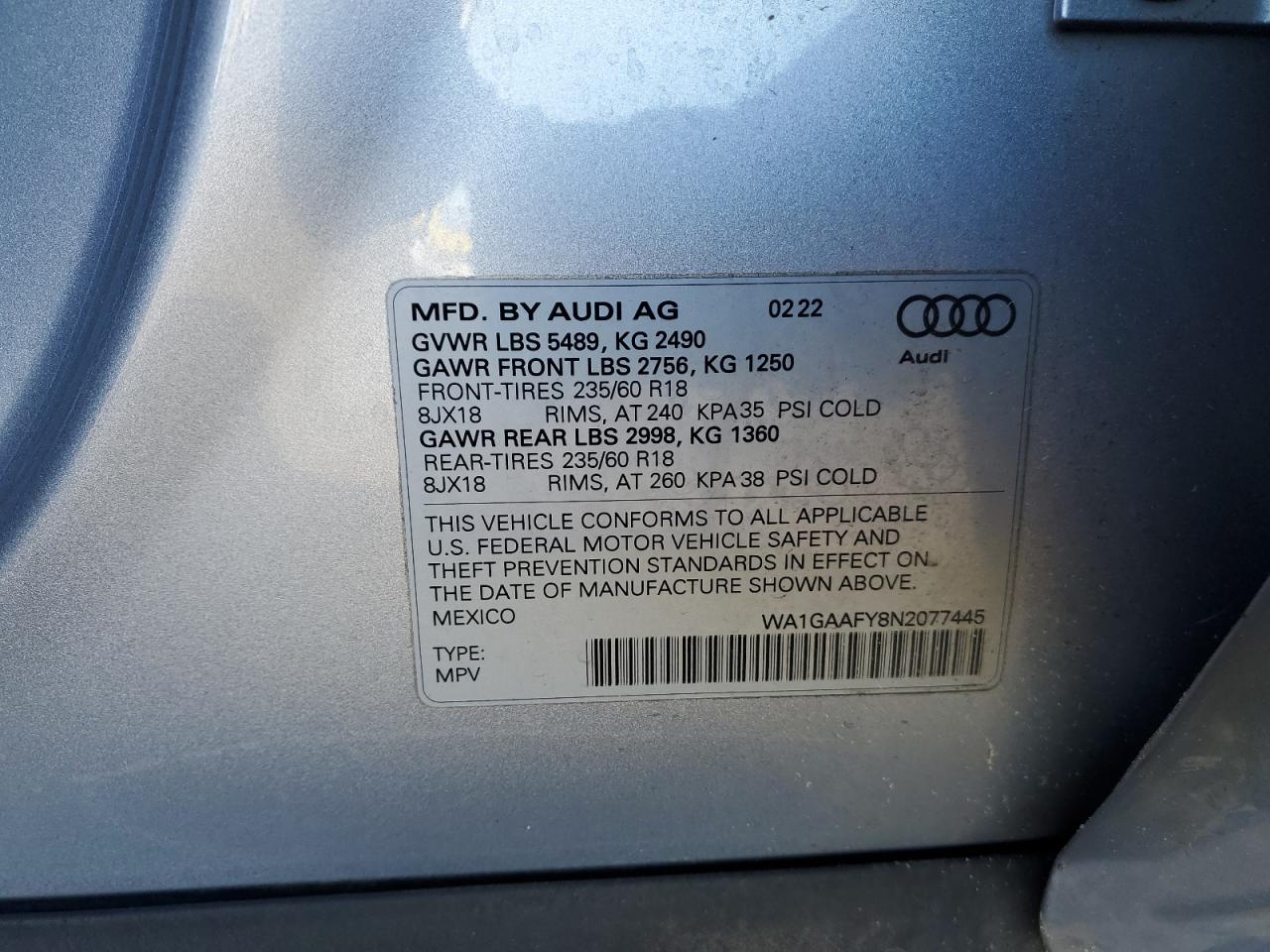 2022 AUDI Q5 PREMIUM 45 VIN:WA1GAAFY8N2077445
