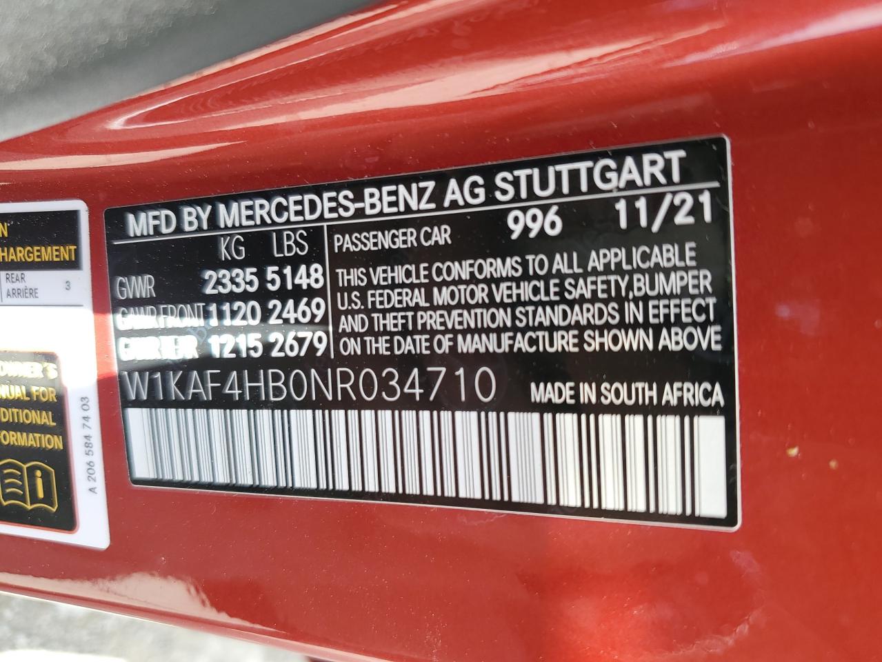 2022 MERCEDES-BENZ C 300 4MATIC VIN:W1KAF4HB0NR034710