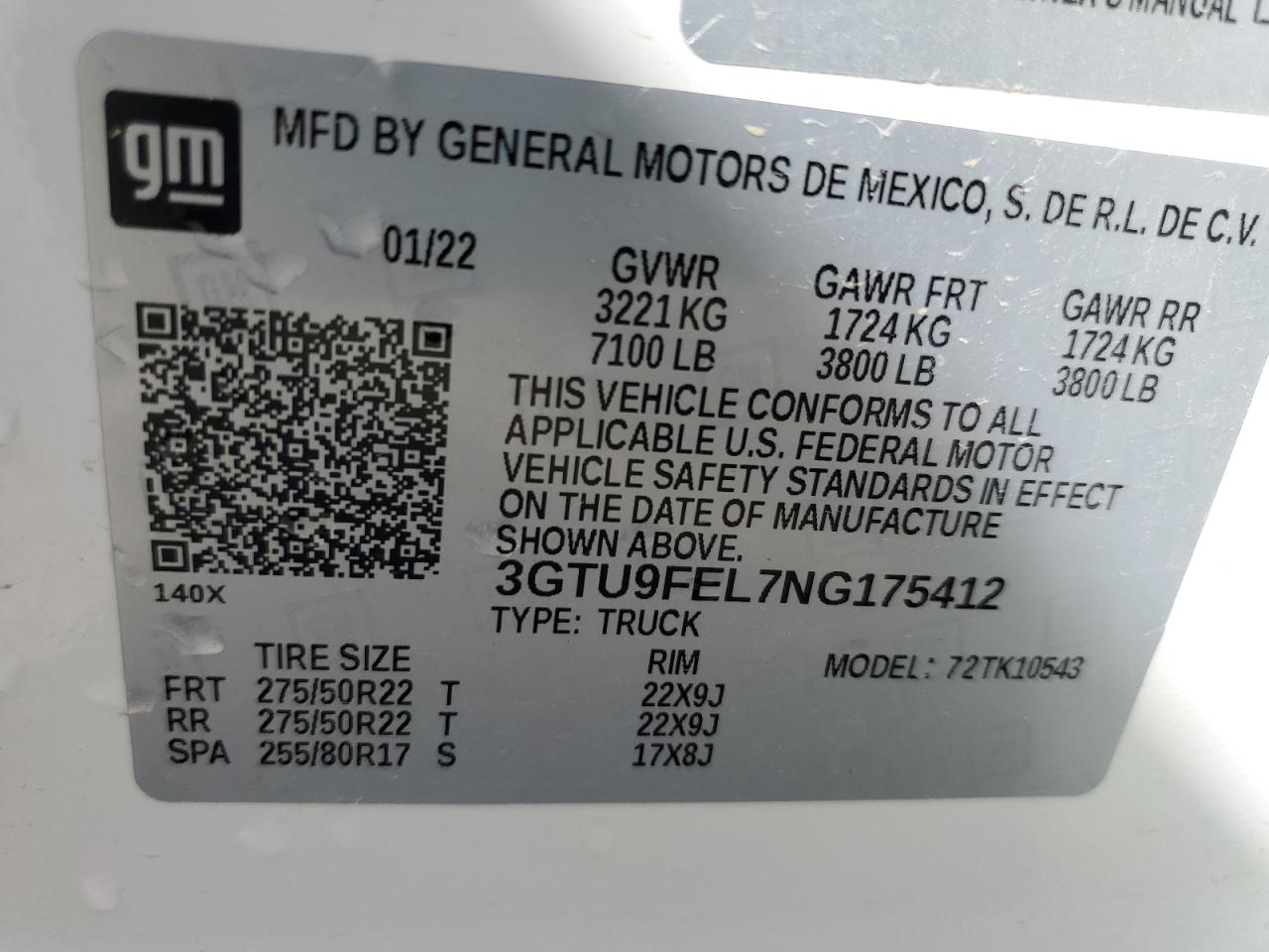 2022 GMC SIERRA LIMITED K1500 DENALI VIN:3GTU9FEL7NG175412